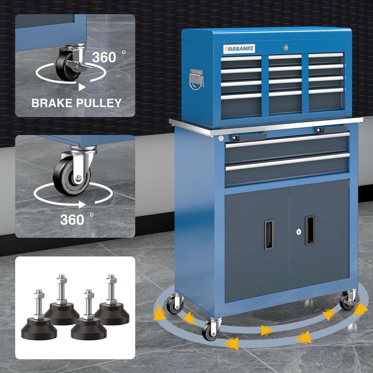 LARBANKE 8-Drawer Rolling Tool Chest with Wheels and Door,Tool Box with Sliding Drawer,Stainless Steel Countertop Tool Chest,Tool Chest can Form Large Workbench,Tool Chest for Garage Workship LARBANKE