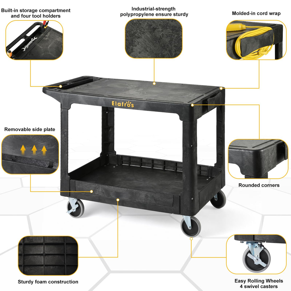 ELAFROS Large Heavy Duty Plastic Utility Cart Flat top 42.5 x 25 Inch - Work Cart Flat Shelves and Full Swivel Wheels Holds up to 550 lbs - 2 Tier Service Cart for Warehouse,Garage, Cleaning Black ELAFROS