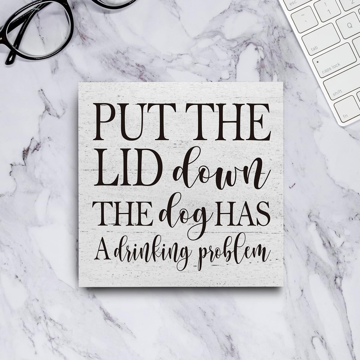mmiishe Put the Lid Down the Dog Has a Drinking Problem Wooden Box Sign Decorative Funny Bathroom Wood Box Sign Home Decor Rustic Farmhouse Square Desk Decor Sign for Shelf 5 x 5 Inches mmiishe