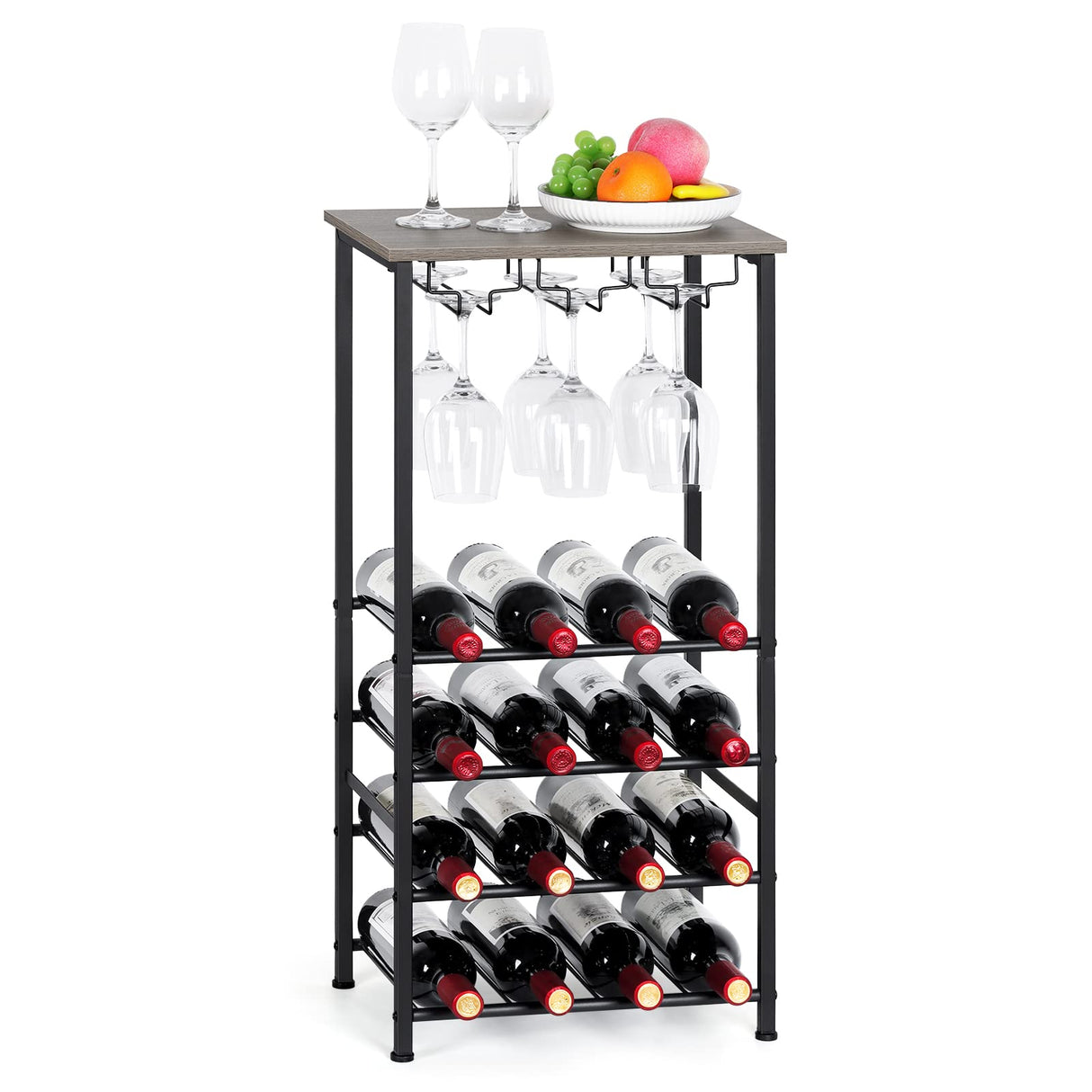 Wine Bottle Holder, Wine Rack Freestanding Floor with Glass Holder Rack, Wood Tabletop & 16 Bottles Holder, Wine Liquor Cabinet Bar for Home Kitchen, Dining Living Room, Gray Oak OYEAL