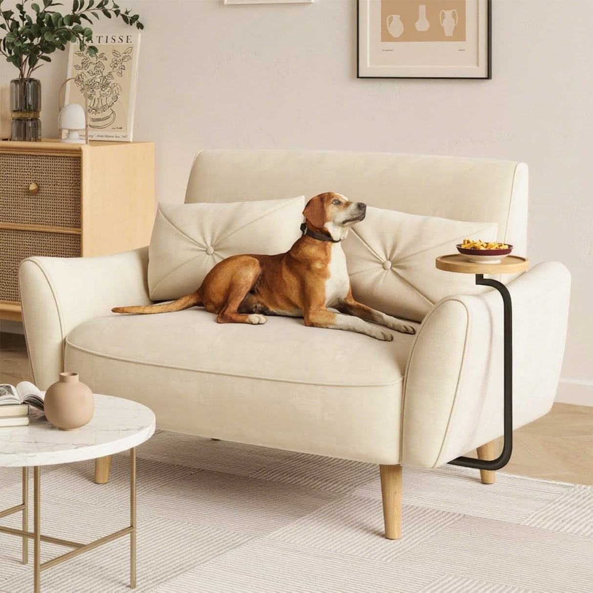 Brelice Loveseat Sofa, 47" Velvet Couch for Bedroom, Convertible Wooden Tray & Ergonomic Armrest, for Small Space, Apartment, Living Room, Home Office, Easy Assembly, Beige Brelice