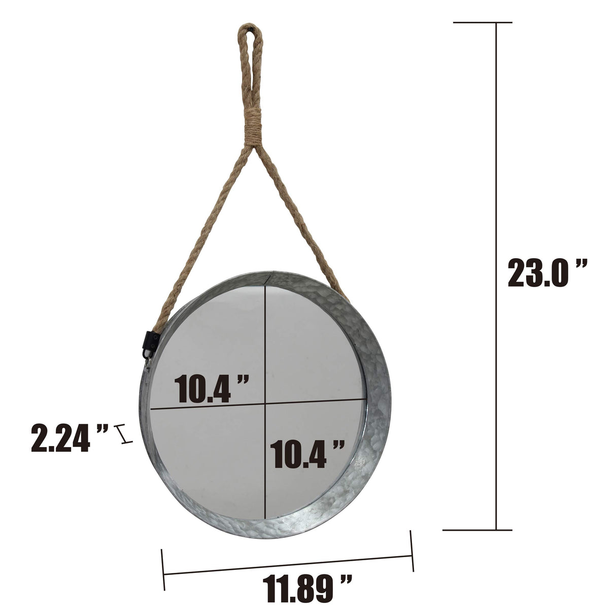 Stonebriar Rustic Round Galvanized Metal Mirror with Rope Hanging Loop ; Farmhouse Home Decor ; For Bathroom, Bedroom, and Living Room, 11.9", Grey Stonebriar