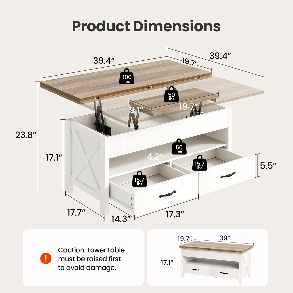 Amada Lift Top Coffee Table with Storage, Farmhouse Wood Coffee Table with Hidden Compartment, One Open Shelf and Two Drawers, Center Table for Living Room and Home Office, Brown & White AMADA HOMEFURNISHING