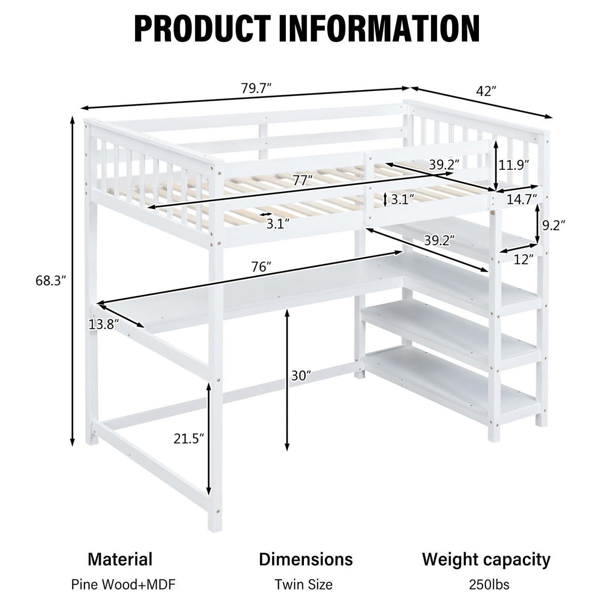 Merax Twin Size White Wood Loft Bed with Under-Bed Desk and 4 Storage Shelves Merax