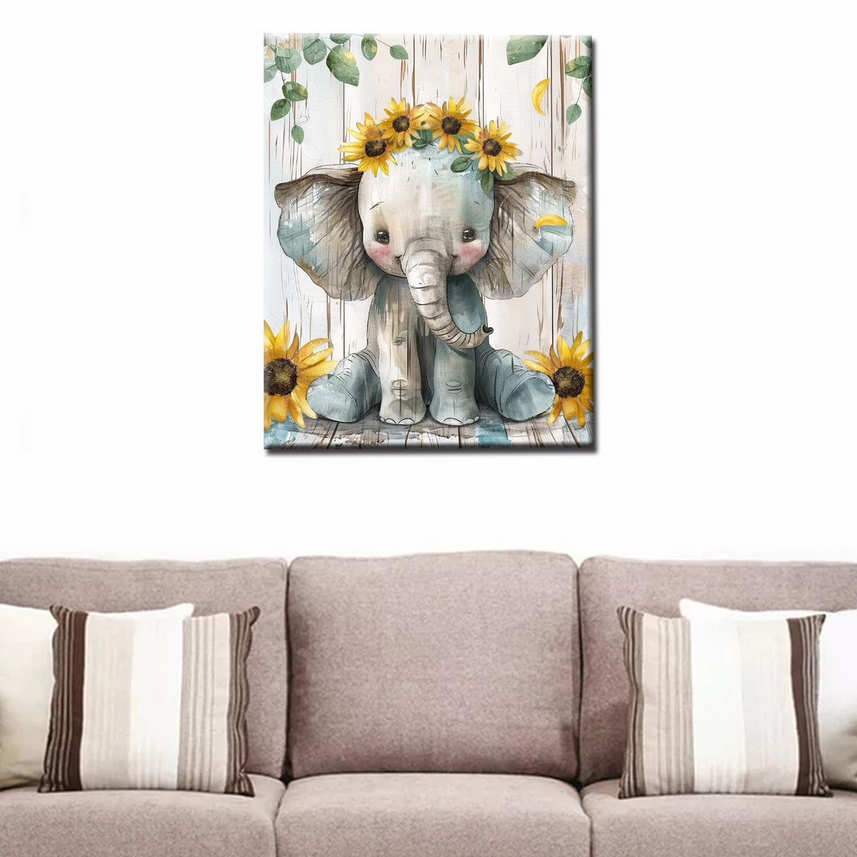 Aihonmin Cute Elephant Paint by Numbers Kits with Brushes and Acrylic Pigment Sunflower Painting for Adults Beginner Rustic Style Pictures Craft Home Decor 16''x20''(DIY Framed) Aihonmin
