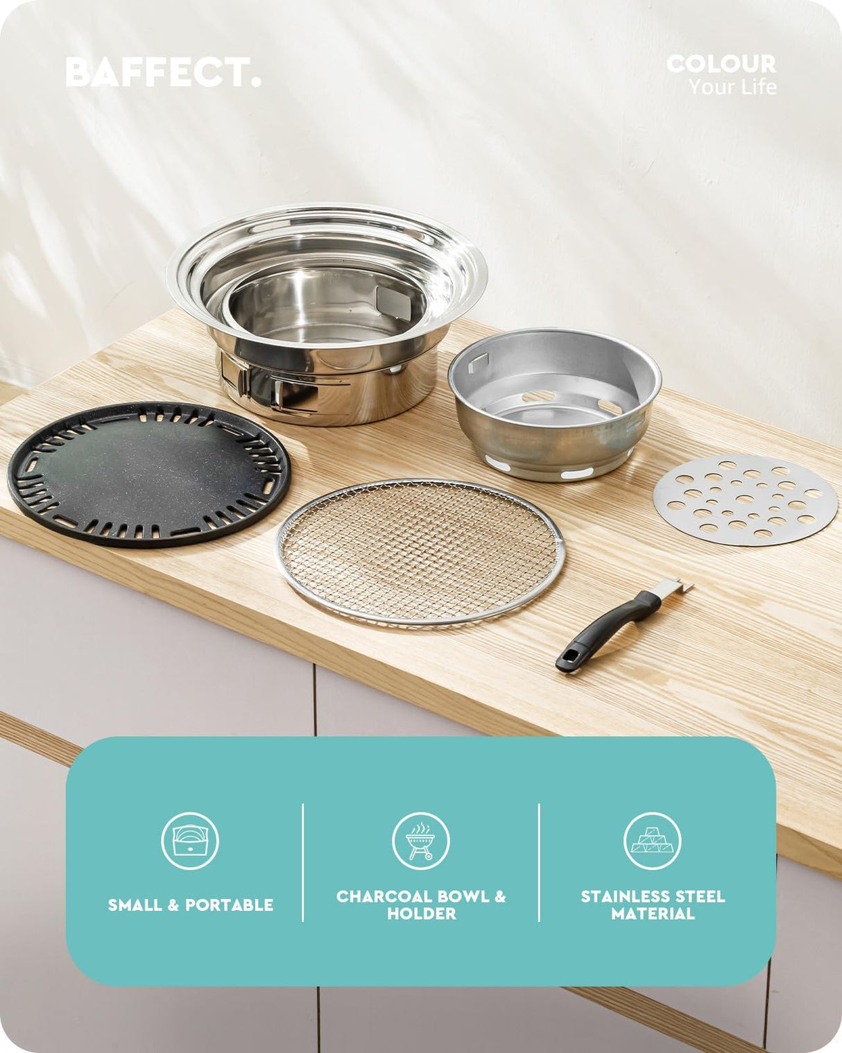 Baffect BBQ Charcoal Grill, 13.7 inch Non-stick Stainless Steel Korean Barbecue Grill, Portable Charcoal Stove for Outdoors Camping Picnic and Indoor Party Cooking Baffect