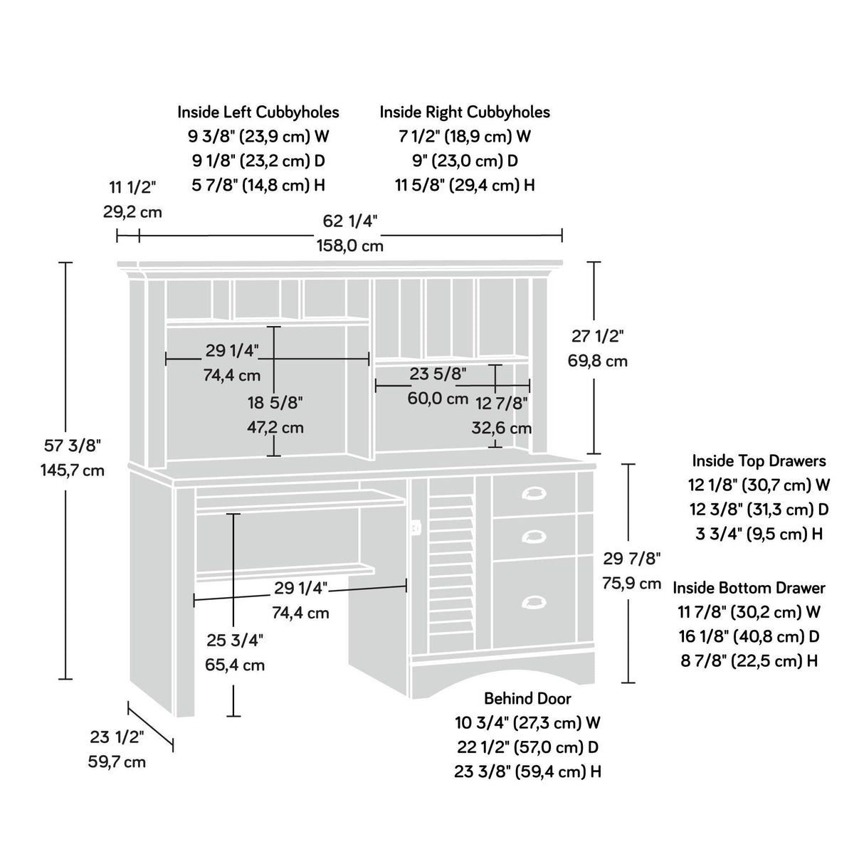 Sauder Harbor View Desk W/hutch, L: 62.13" x W: 23.39" x H: 57.52", Salt Oak Finish Sauder