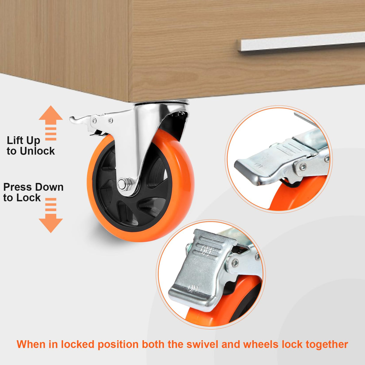 W B D WEIBIDA 5 inch Swivel Caster Wheels with Dual Locking, Heavy Duty Castors Set of 4, Silent Rolling, Top Plate Casters for Cart, Workbench, Furniture (Hardware Kits) W B D WEIBIDA