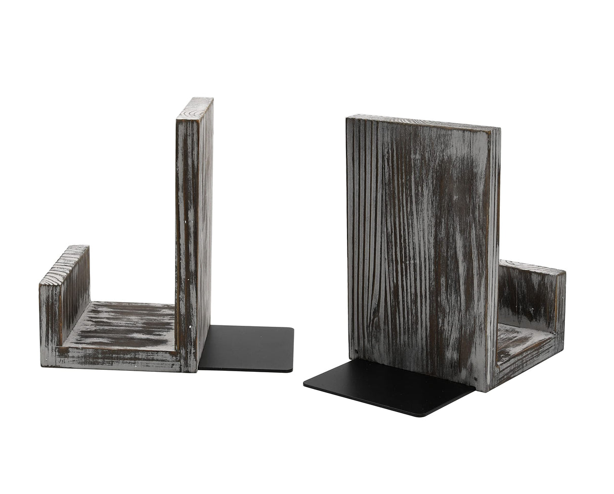 OwlGift Rustic Torched Wood L-Shaped Solid Wood Bookends, Decorative Bookends w/Black-Tone Metal Supports, Non-Skid and Sturdy to Hold Heavy Books, 1-Pair Owlgift