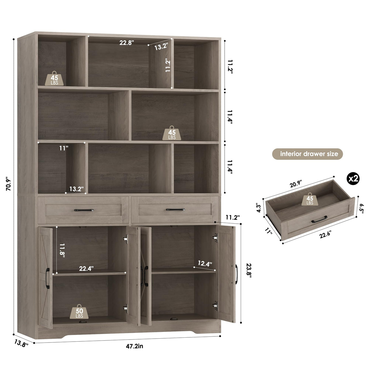 HOSTACK 71" Tall Bookcase with Drawers and Doors, 47" Wide Book Shelf and Bookcase with Storage, 6 Tier Large Book Storage Cabinet with Display Shelves for Living Room, Home Office, Ash Grey HOSTACK