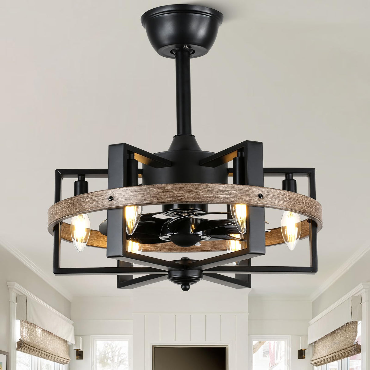 Curve Curio 18 Inch 6-Lights Farmhouse Caged Ceiling Fan with Light, Retro Industrial Enclosed Rustic Ceiling Fans with Remote Control for Bedroom Living Room Curve Curio