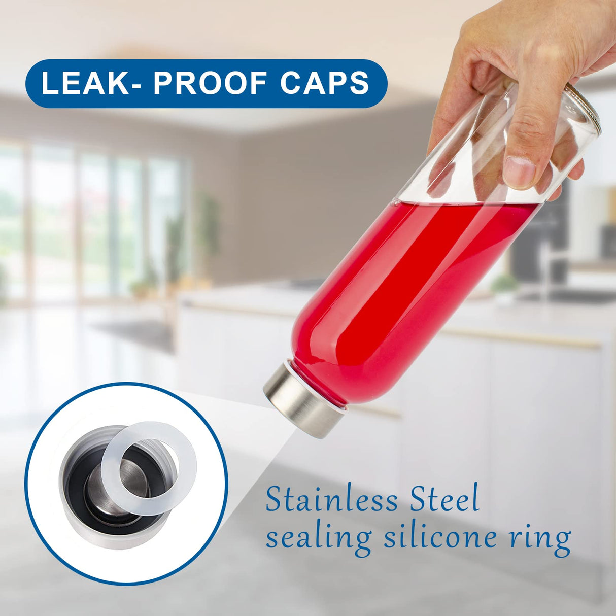 Luxfuel Clear Glass Bottles with Lids 18 oz, Reusable Glass Water Bottles with Stainless Steel Cap for Juicing,Refrigerator,100% Leak Proof, BPA Free, Glass Juice Bottles Set of 6 Luxfuel