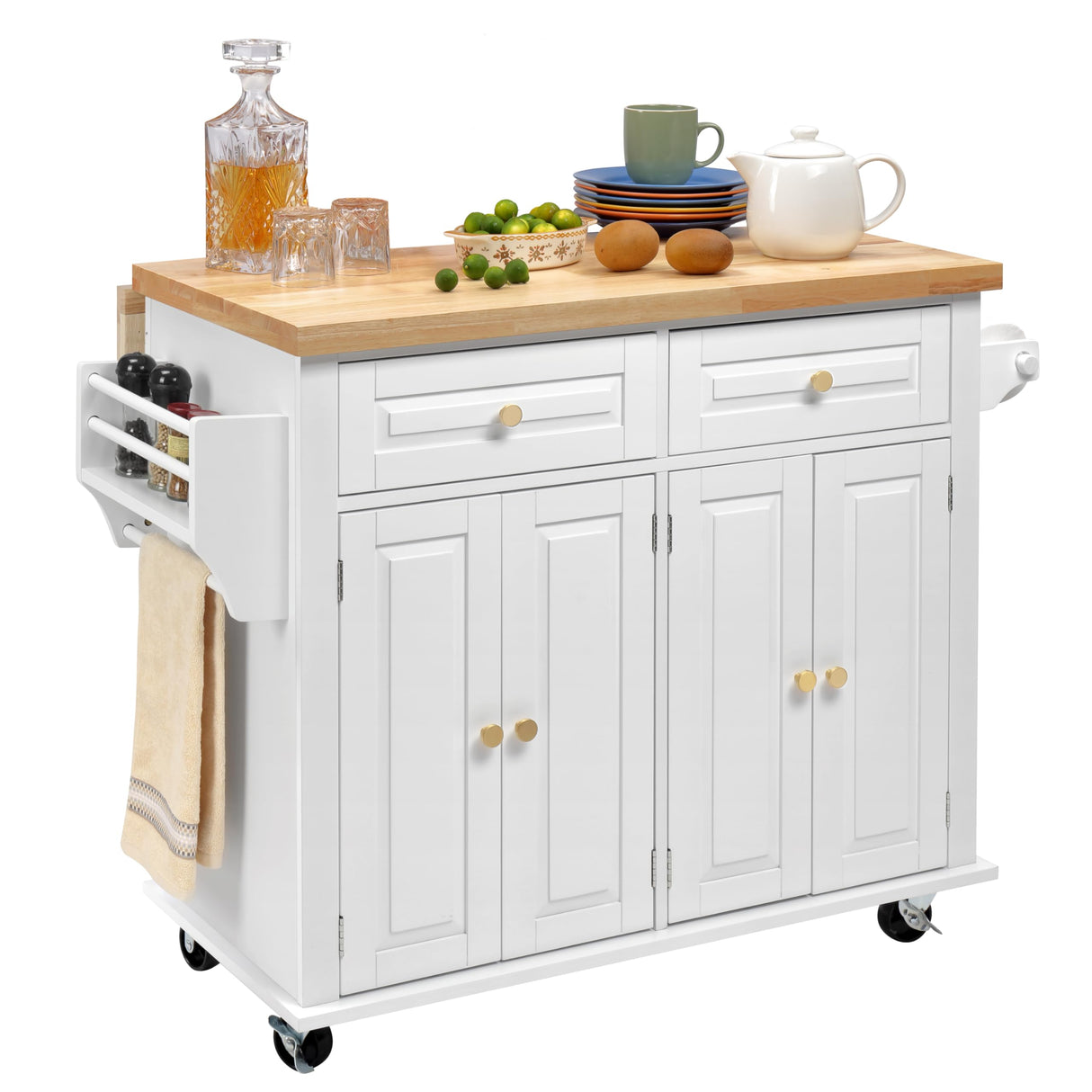 Finnhomy Rolling Kitchen Island With Drop Leaf, Thicken Rubberwood Top, Spice Rack, Towel Rack, Drawer, 43.3" Portable Mobile Kitchen Island Carts Table, Storage Cabinet, Both Wheels and Feet Included Finnhomy