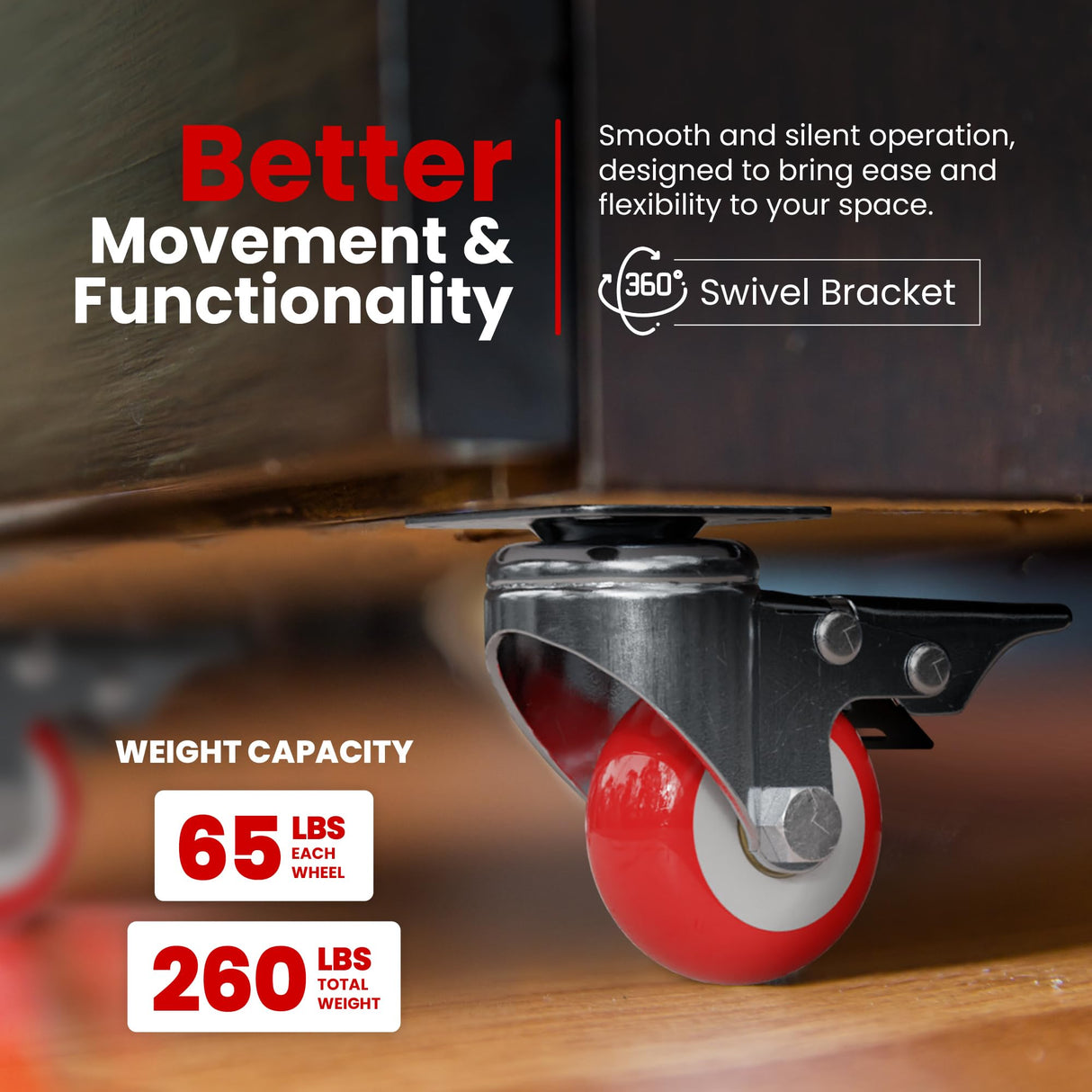 Online Best Service 4 Pack Caster Wheels Swivel Plate On Red Polyurethane Wheels (2 inch With Brake) Online Best Service