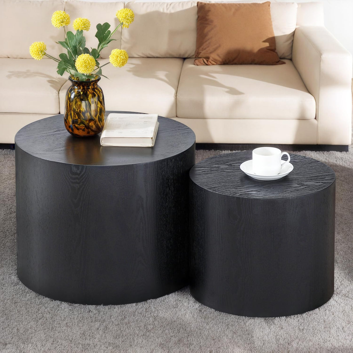 Nesting Coffee Table Set of 2, Modern Round Coffee Table with Non-Slip Feet, Wooden Circle Side Table and Accent Furniture for Bedroom Balcony Lounge Home Office, No Assembling, Black ivoros