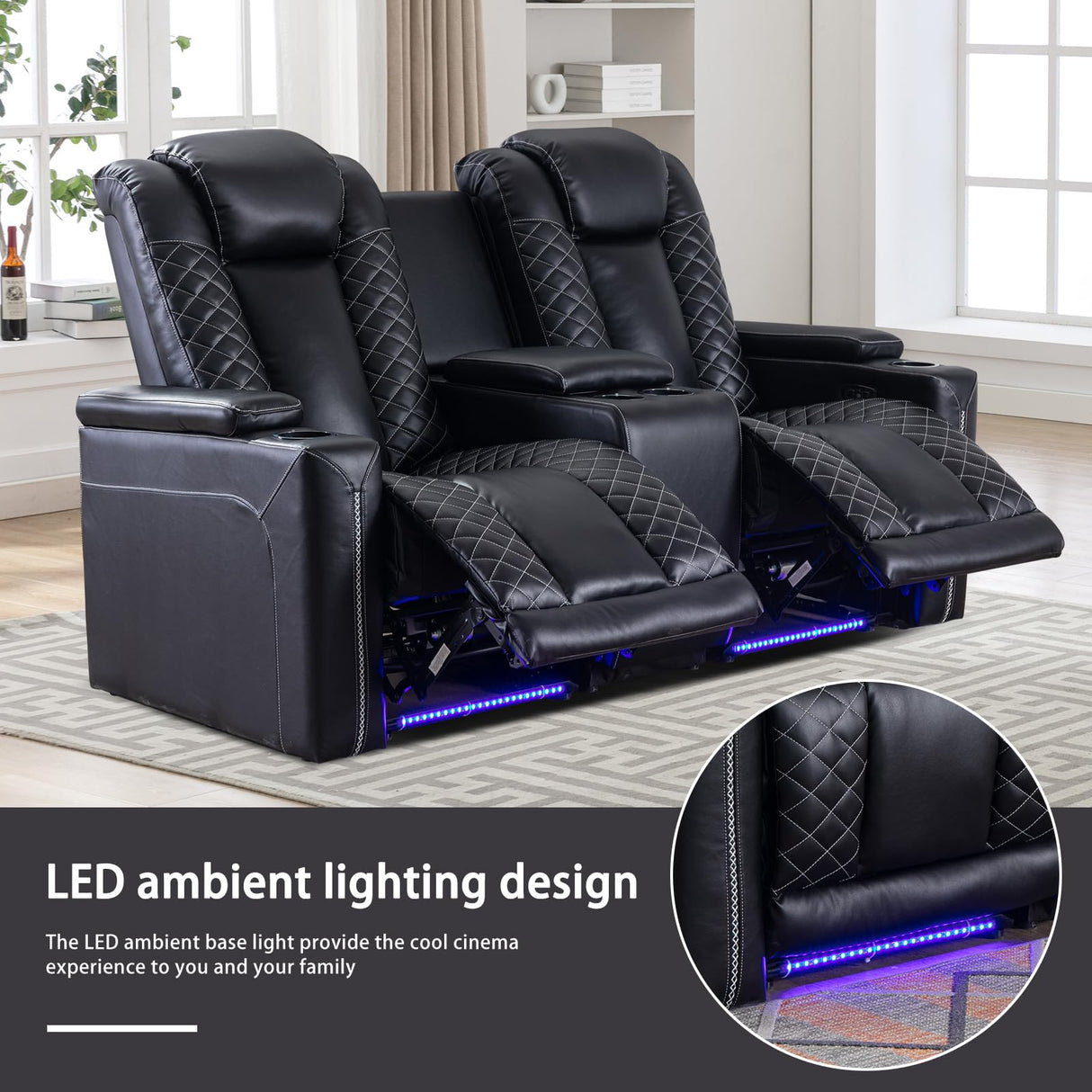 EBELLO Home Theater Seating, Electric Power Loveseat Recliner with USB Ports and Cup Holders, Breathable Faux Leather Dual Recliner with Hidden Arm Storage, for Living Room, Black EBELLO