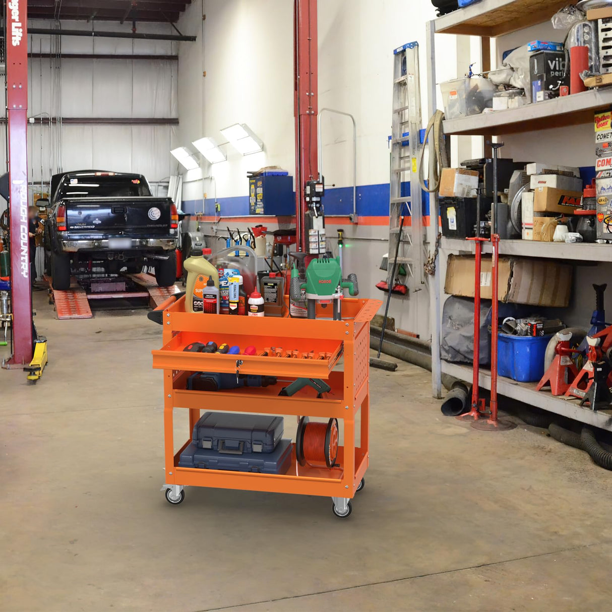 Pelnuies 3 Tray Tool Cart with Drawers, 400 LBS Capacity Rolling Tool Cart on Wheels, Heavy Duty Utility Cart with Pegboard, Mechanic Tool Storage Cart for Garage, Warehouse and Repair Shop, Orange Pelnuies