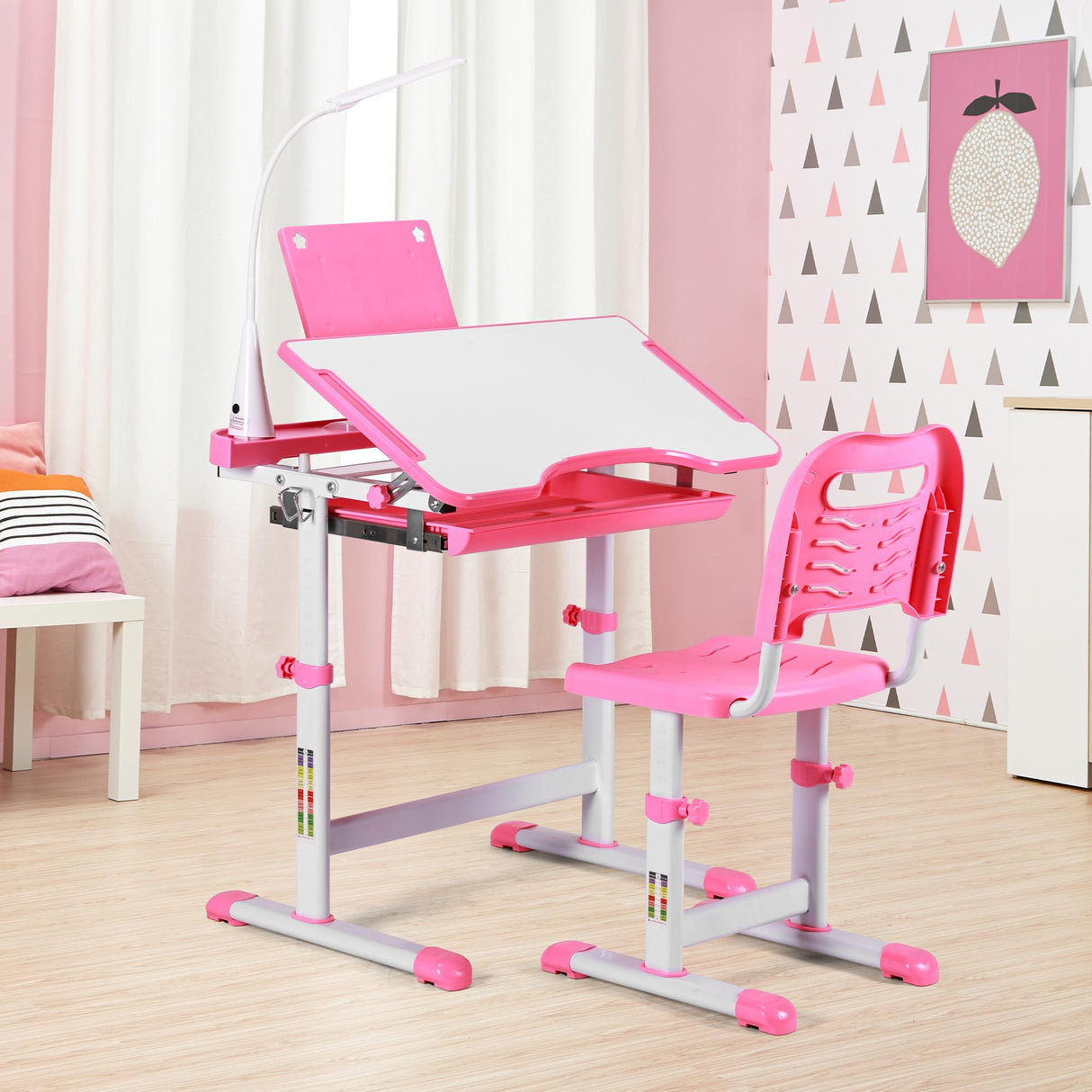 UNICOO Kids Study Table and Chair Set, Height Adjustable Kids Art Desk, Ergonomic Study Desk for Kids, with Premium Quality LED Lamp, Tilt Desktop, Pull Out Drawer Storage (Pink) UNICOO