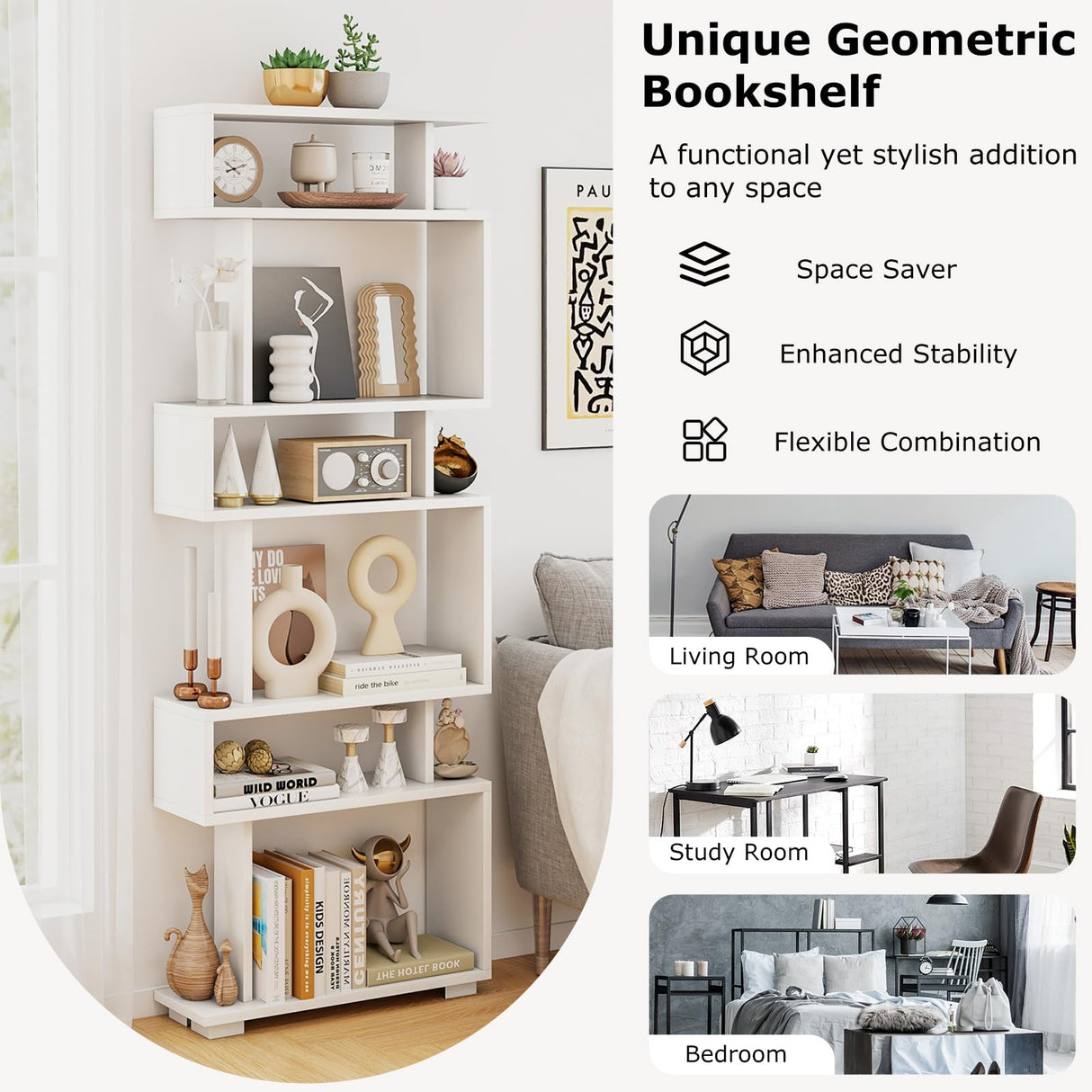 Tangkula 6-Tier S Shaped Bookcase, 64" Tall Modern Geometric Bookshelf with Anti-Tipping Kit, Home Office Freestanding Decorative Storage Display Shelf Room Divider for Living Room Study (1, White) Tangkula