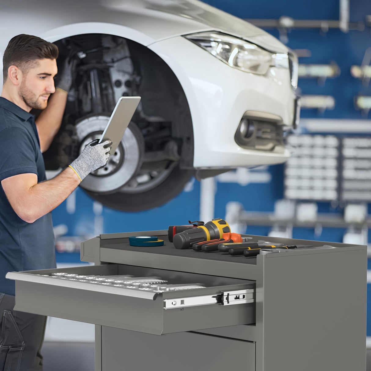 5-Drawers Gray Tool Chest, 2-in-1 Mechanic Rolling Tool Box Removable Lockable Tool Storage Cabinet, Metal Tool Cart with Drawers and Wheels for Garage, Workshop CMFYDAILY