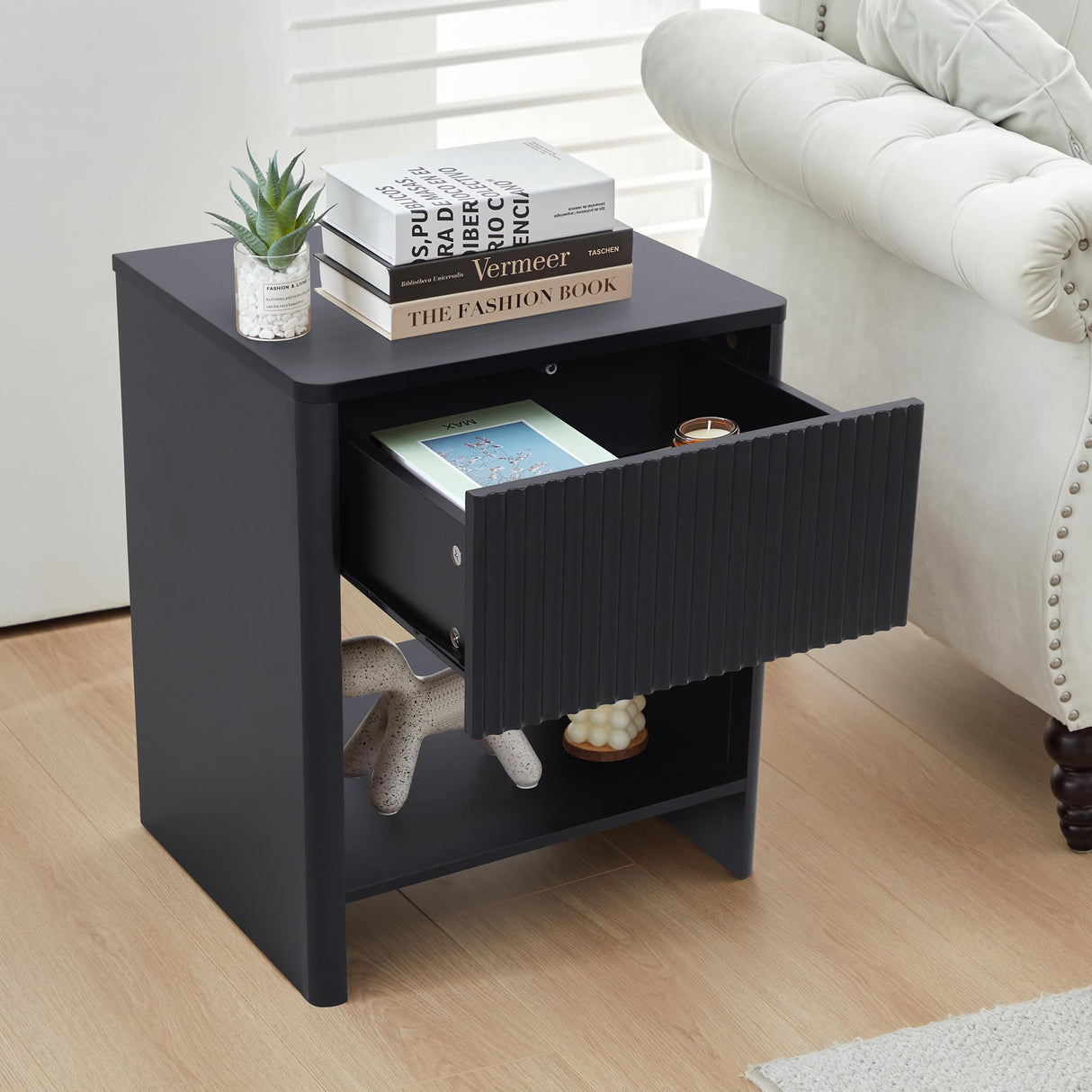 affeivul Modern Night Stand Set 2 with Drawer, Black Nightstand for Bedroom, Small End Table with Storage, Living Room/Bed Side Table with Drawer for Small Spaces, Fluted Cabinet Wood Nightstand affeivul
