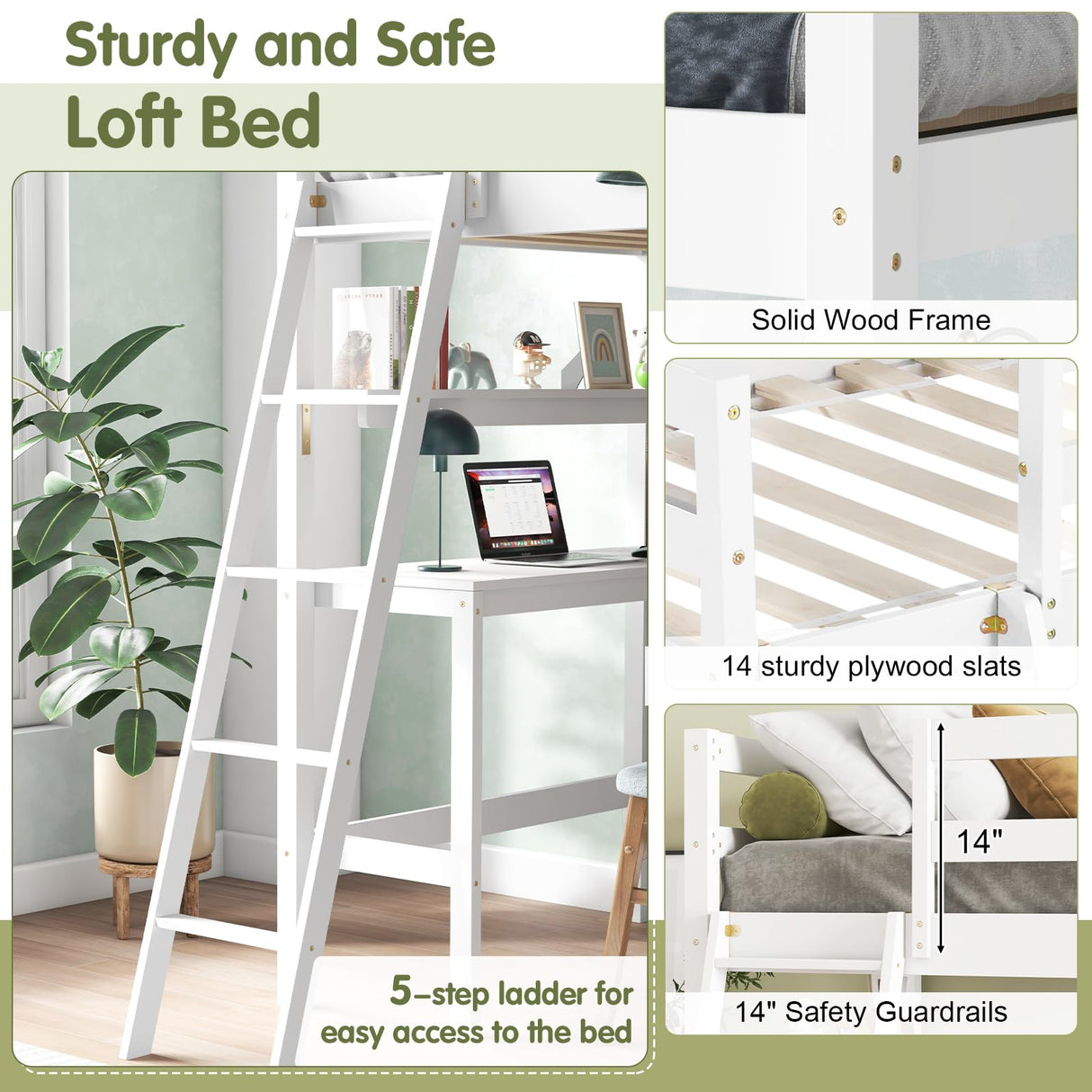 KOTEK Twin Loft Bed with Desk & Storage Shelves, Solid Wood Loft Bed Frame with Bookcase, Ladder, Guardrails, Twin Size Loft Bed for Kids, Teens, Drom, Apartment (White) KOTEK