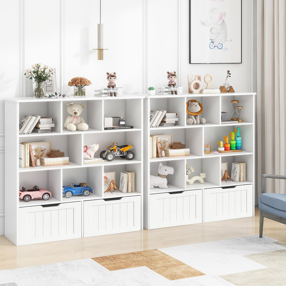 Befrases Toy Storage Organizer with Bookshelf, Large Toy Organizers and 2 Movable Drawers with Hidden Wheels and 8 Storage Cubbies, Kids Bookshelf and Toy Storage Chest, Playroom Furniture, White Befrases