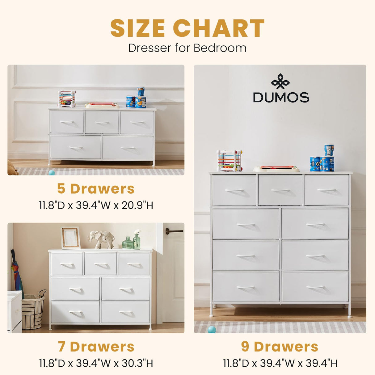 DUMOS Dresser for Bedroom, 5 Storage Drawers, Wide Fabric Closet Chests Organizer Tower Furniture with Wooden Top Metal Frame for Clothes, Guest Room, Living Room, Hallway, Entryway DUMOS