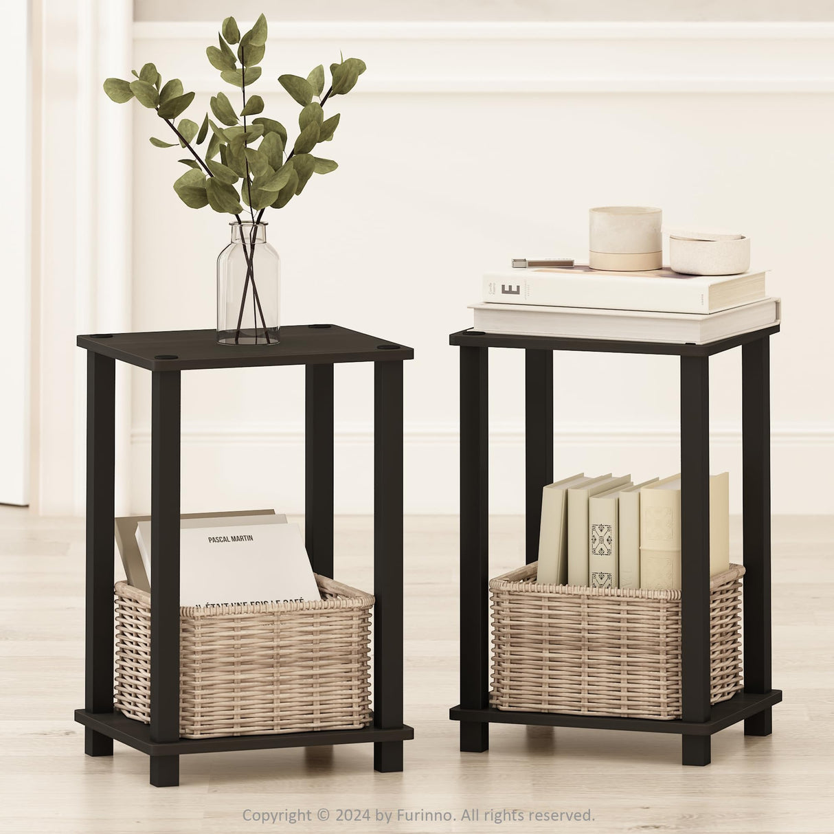 Furinno Simplistic Compact Bedside Table, Nightstand, Espresso/Black, Set of 2 Furinno