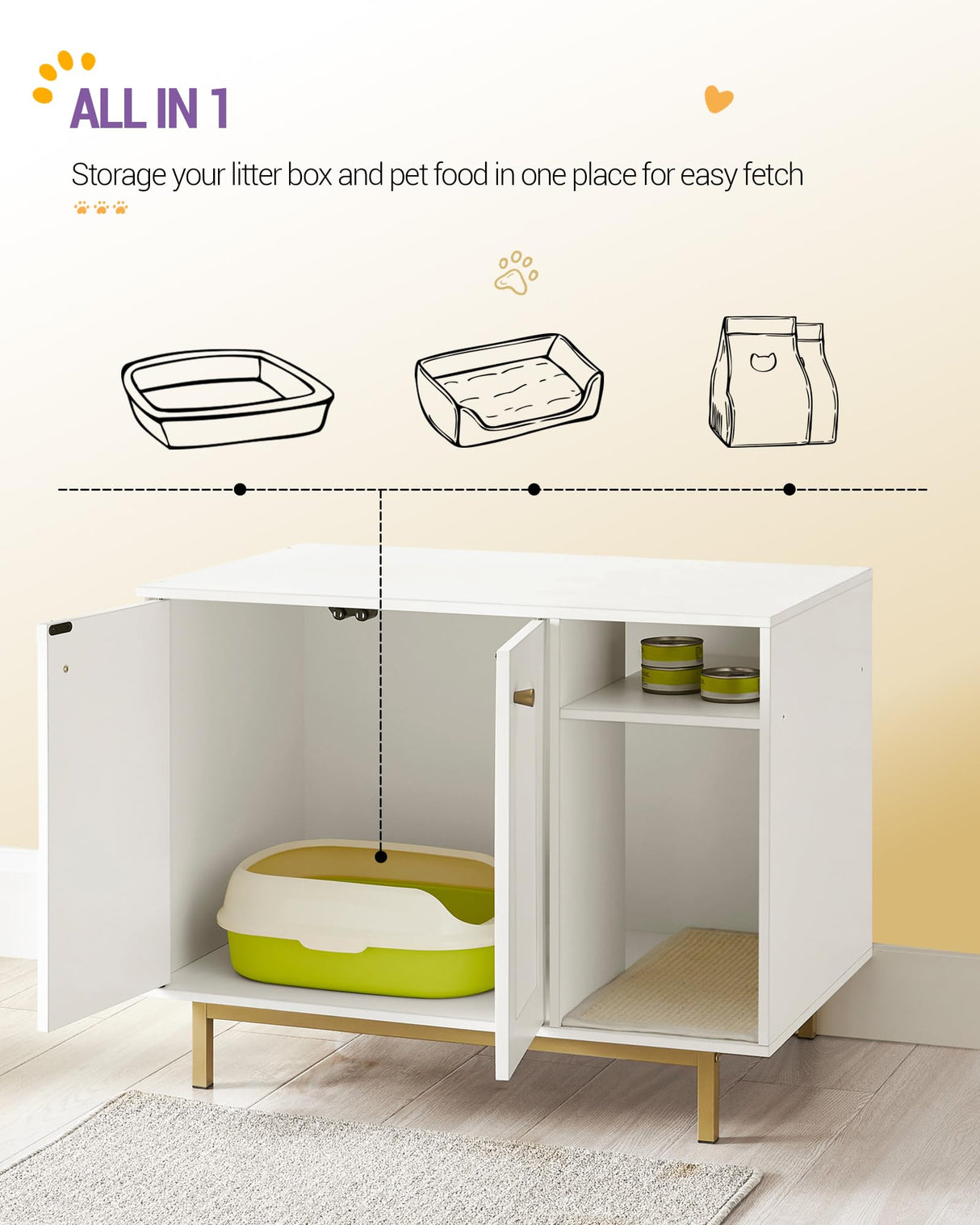 Hzuaneri Cat Litter Box Enclosure, Hidden Litter Box Furniture, Wooden Pet House Side End Table, Storage Cabinet Bench for Living Room, Bedroom, 31.5 x 19.7 x 23.9 inches, White and Gold 01503GCLB Hzuaneri