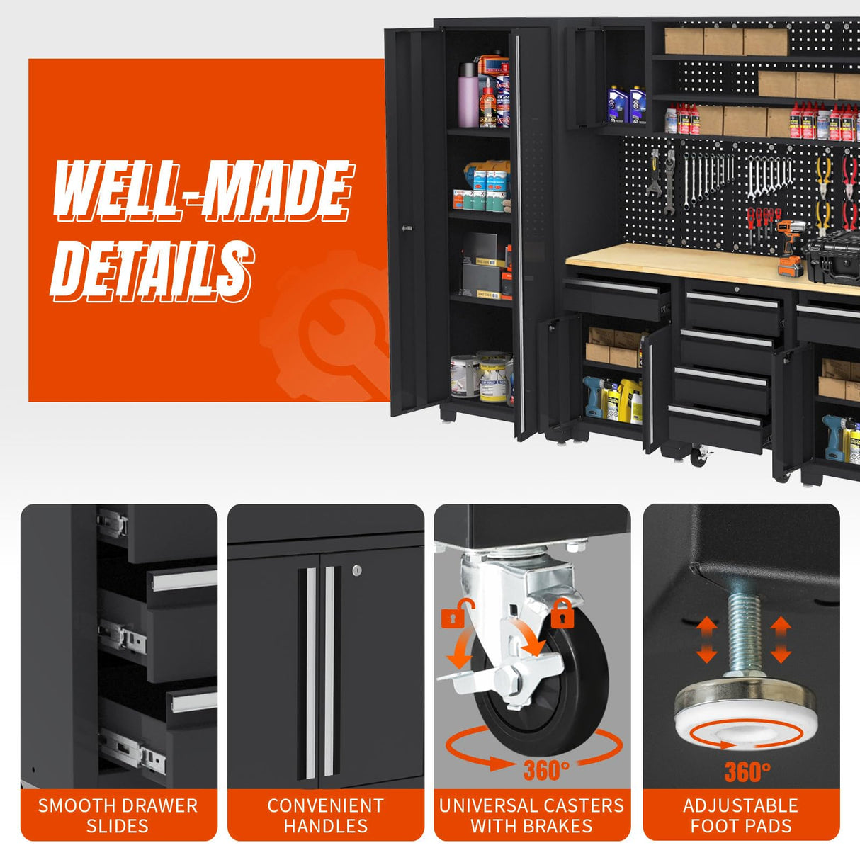 HPDMC Garage Storage Cabinet System - 9-Pc Steel Workshop Set w/Workbench Includes Cabinet Drawers & Pegboard | Gray Tool Organization System for Garage/Workshop HPDMC