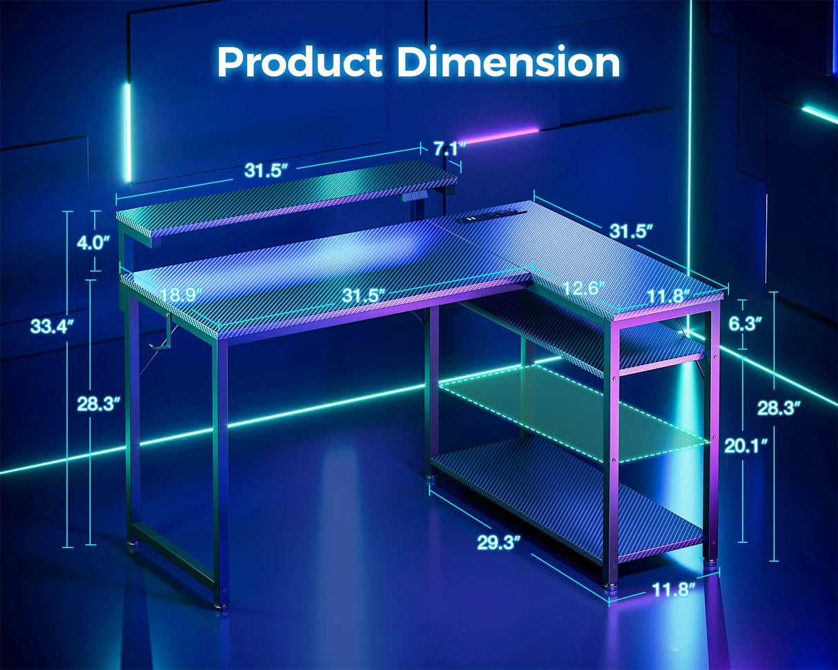 MOTPK L Shaped Gaming Desk with Power Outlet, Reversible Gaming Desk with Height Adjustable Monitor Stand, Gaming Computer Desk 43inch with LED Lights, Home Office Desk, Black MOTPK
