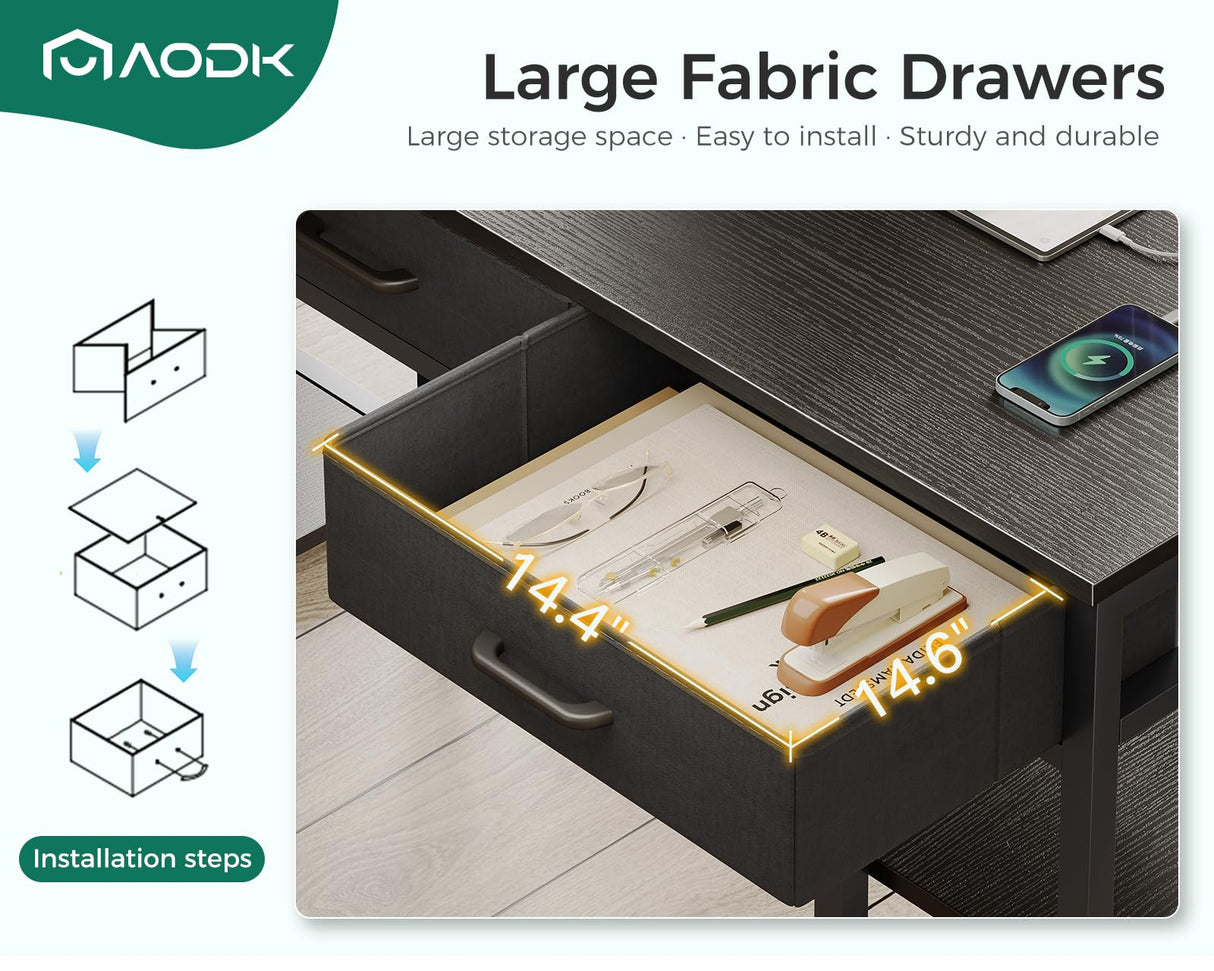 AODK 48 Inch Black Gaming Desk with Fabric Drawers, Power Outlets, and Storage Shelves AODK