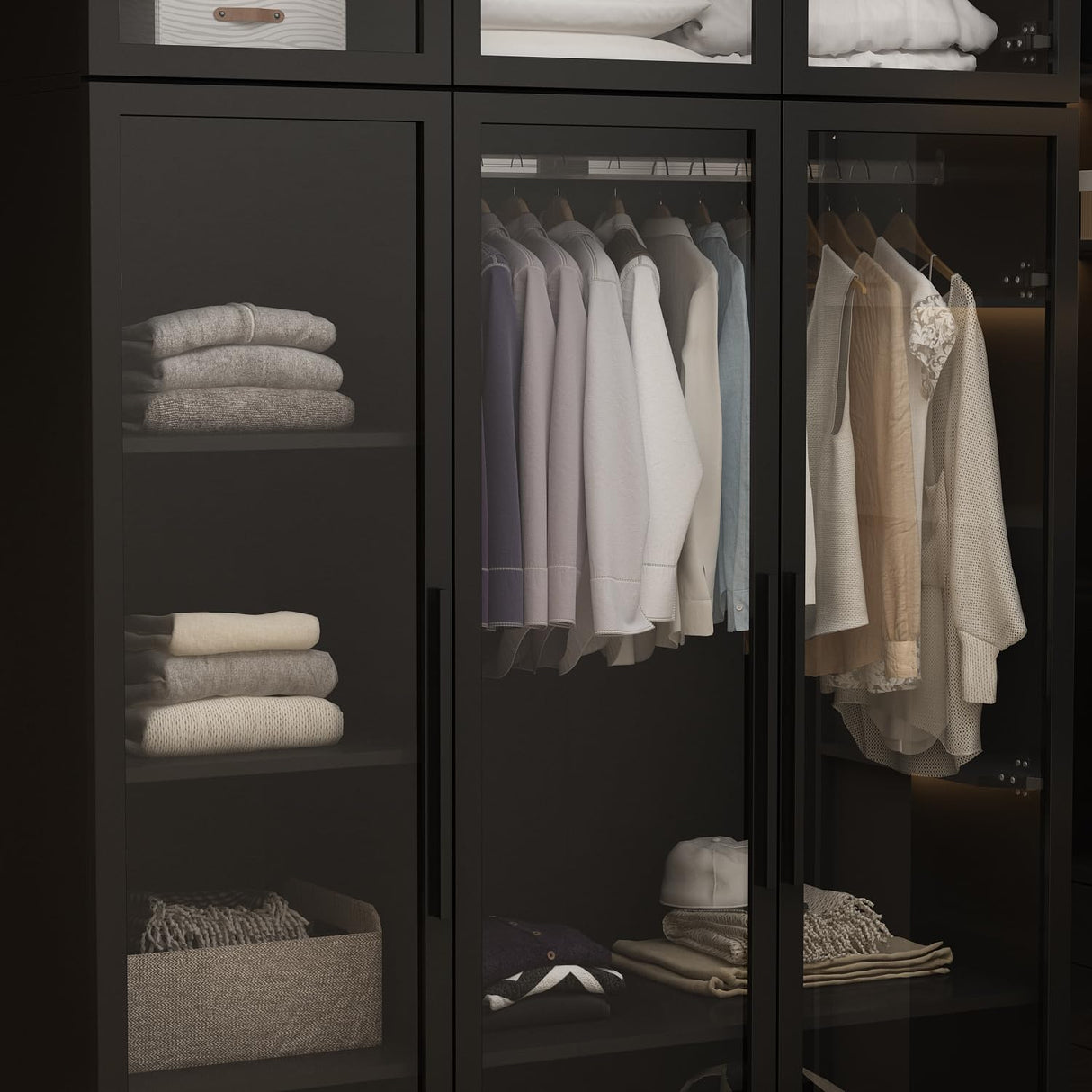 Hitow Wardrobe Cabinet with LED Lights, Armoire Closet with Glass Doors, Wooden Large Wardrobe with Hanging Rod & 5 Tiers Shelf, Modern Bedroom Armoire Clothes Organizer, Black 47.2" W Hitow