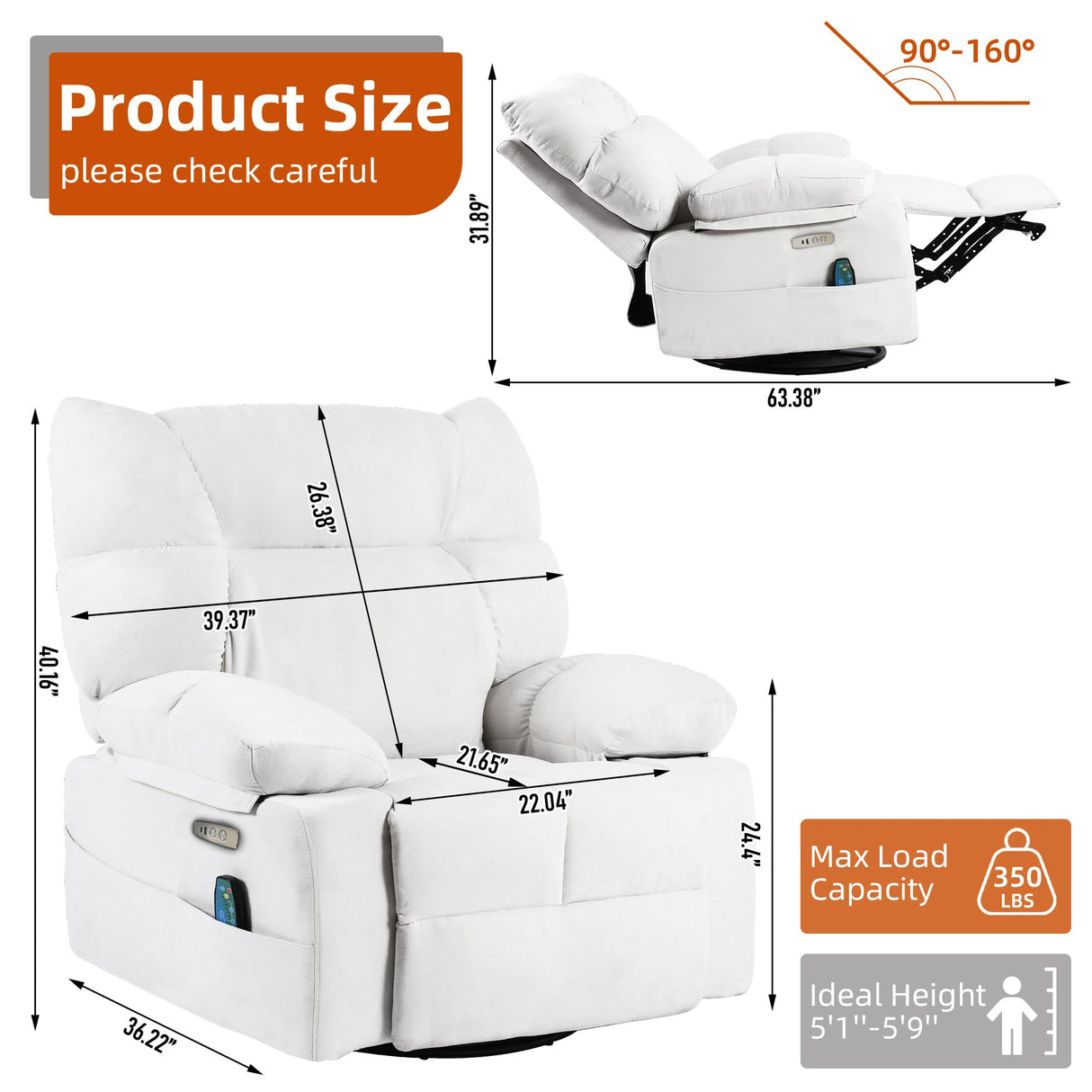 DYHOME Rocking Recliner Chair, White Swivel Massage Rocker Recliner Chairwith Heated, Electric Recliner Chairs for Adults, Modern Lazy Boy Single Lounge Sofa for Living Room,Bedroom, Nursery DYHOME