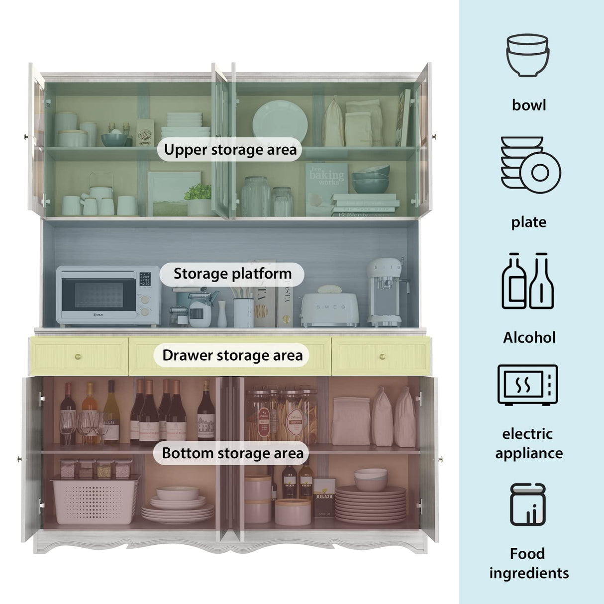 FUFU&GAGA 75.9" Tall Kitchen Pantry Cabinet with 5 Tiers Shelf, 8 Doors & 3 Drawers & Microwave Stand, Freestanding Hutch Cabinet with Buffet Cupboard for Kitchen, Dinningroom FUFU&GAGA