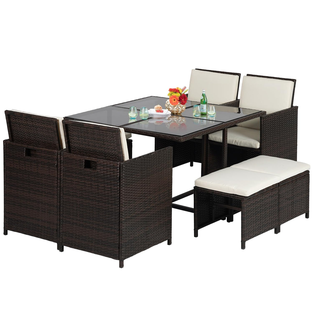 Outdoor Patio Furniture Set 9 Pieces Patio Dining Sets Space Saving Wicker Furniture with 4 Rattan Chairs 4 Ottomans and Glass Table for Outdoor Backyard Porch Poolside Balcony,Khaki Cushion PayLessHere