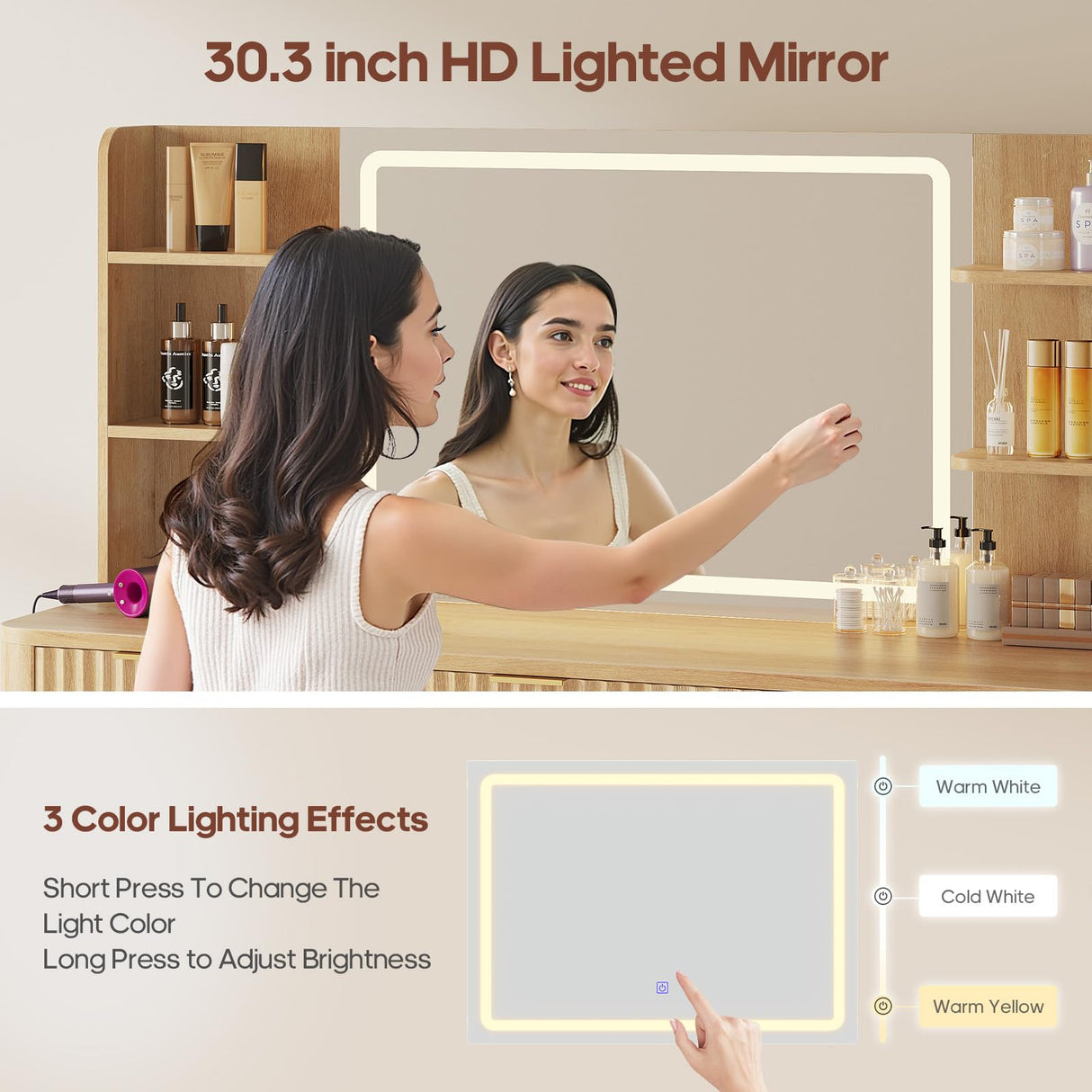 HAUOMS 51.2" Fluted Makeup Vanity Desk with Large 30.3" Mirror and Lights, 5 Drawer Vanity with Power Strip, 6 Open Shelves, 2 Cabinet,Modern Dressing Table with Solid Wood Legs for Bedroom, Oak HAUOMS