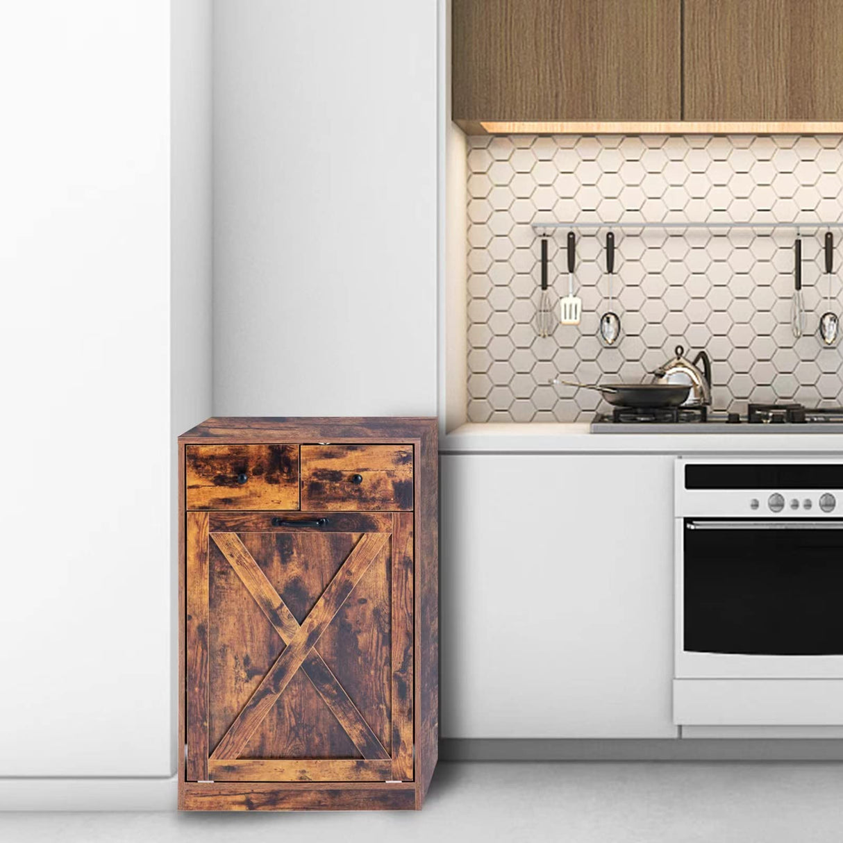 Zedesey Tilt Out Trash Cabinet with 2 Drawers Wood Hidden Kitchen Recycling Cabinet Free Standing Pet Proof Trash Can Laundry Cabinet for Kitchen, Living Room, Dining Room, Rustic Brown Zedesey