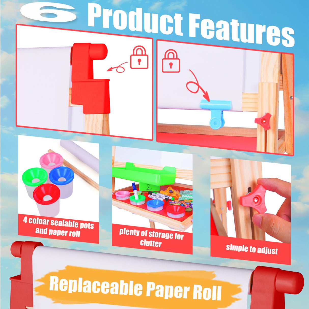 JOYOOSS Kids Wooden Easel with Paper Roll - Adjustable Magnetic Double Sided Drawing Board Whiteboard & Chalkboard Dry Easel Board,Children Art Easel for 3~12 Years Kids Boys Girls Painting Drawing Joyooss