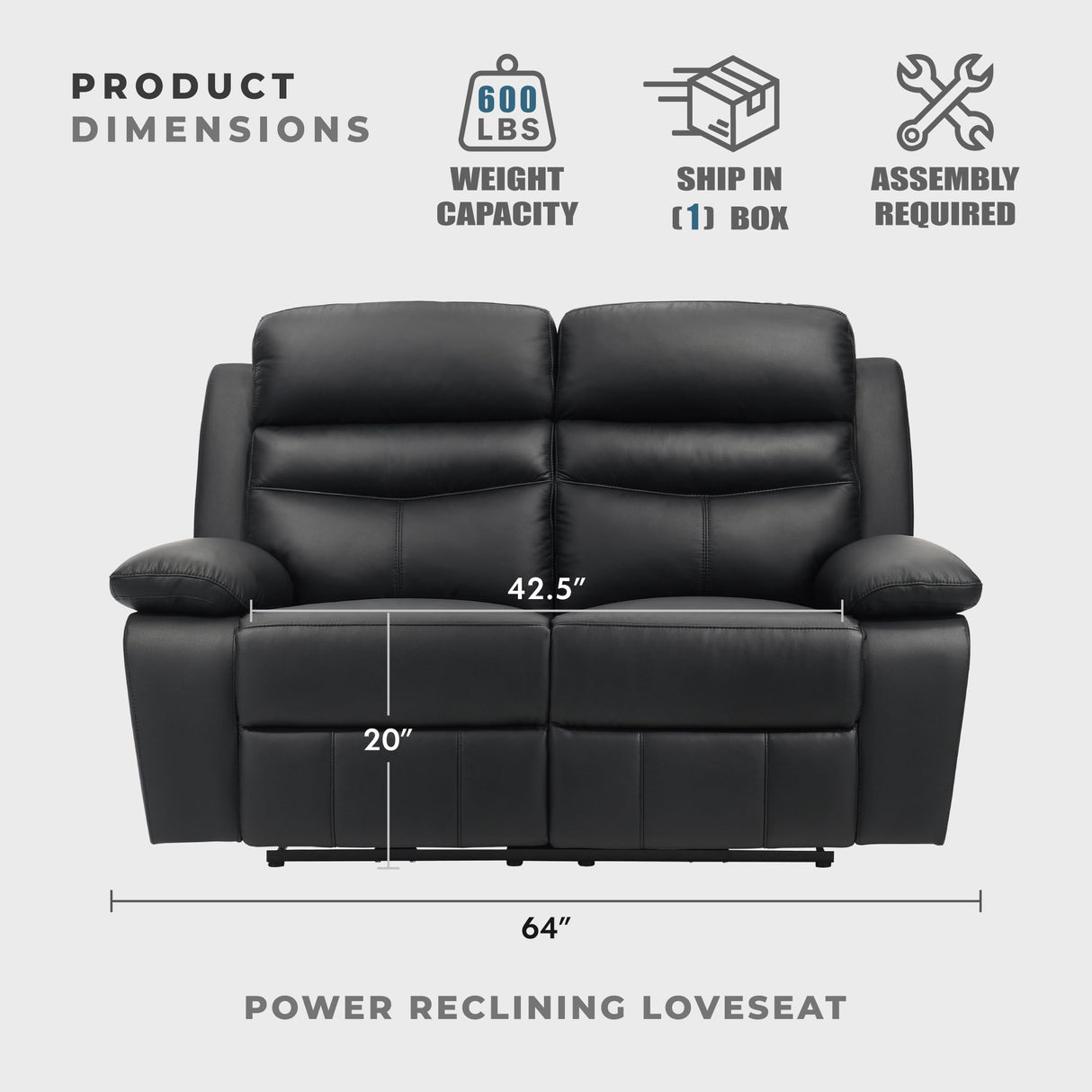 Lexicon Recliner Sofa for Living Room, Double Reclining RV Couch, Power Wall Hugger Recliner Home Theater Seating Leather Match Reclining Sofa, with USB Charge Port, 64''W Loveseat, Black Lexicon