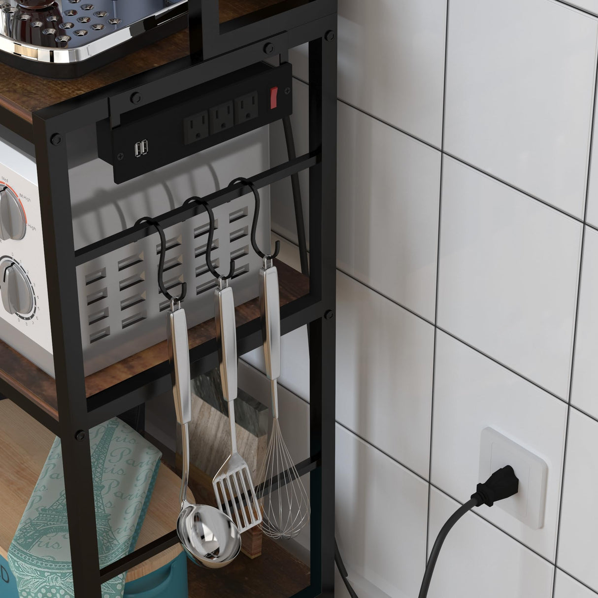 Chnnmbrn Kitchen Bakers Rack with Baskets and Power Outlet,5-Tier Kitchen Utility Storage Shelf with Hooks, Microwave Oven Stand Rack,Vintage Brown Free Standing Kitchen Shelf (Brown) Chnnmbrn