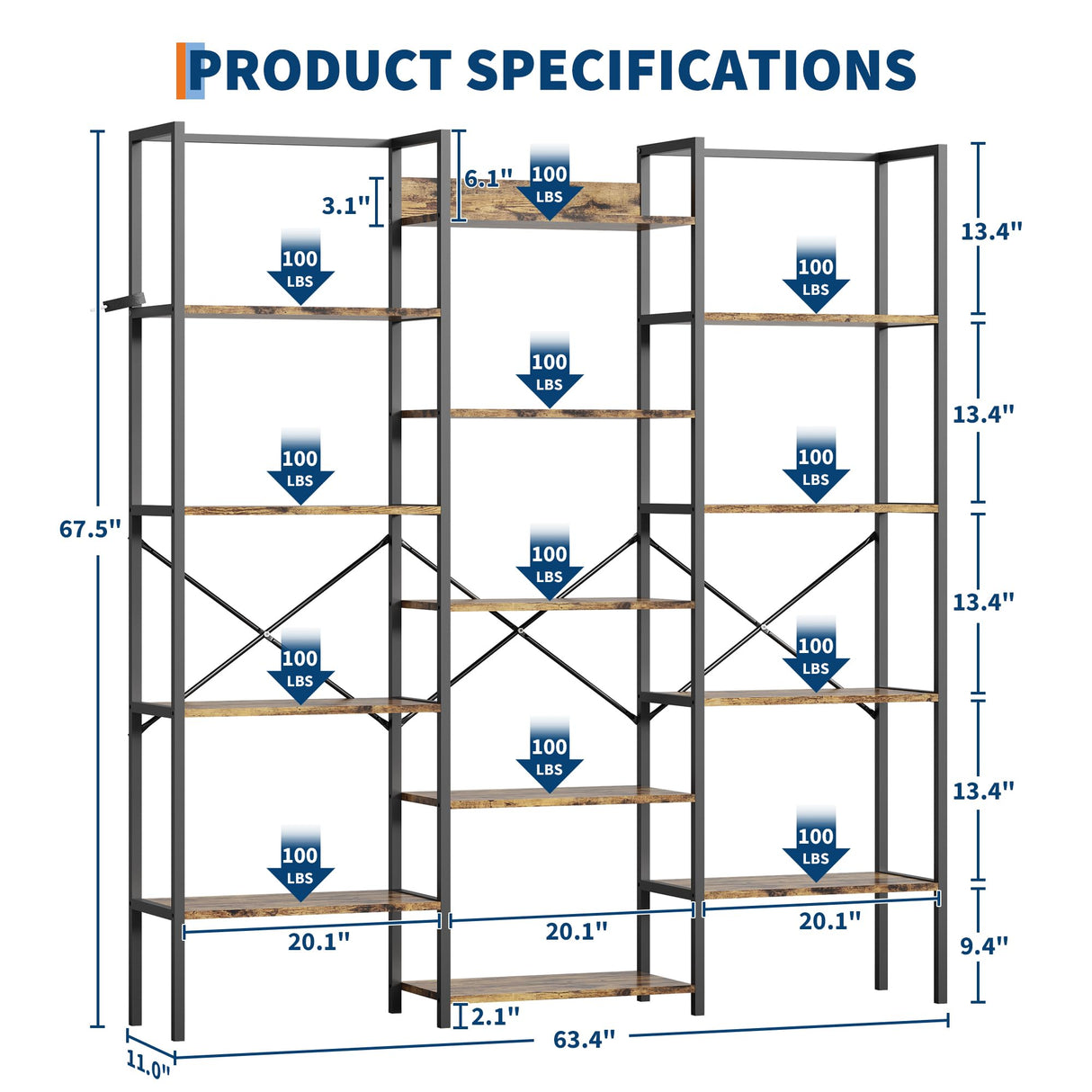 GarveeLife Industrial Large Bookcase, Triple 5 Tier Book Shelf with Open Display Shelves, Large Wide Bookshelf, Tall Bookshelfwith Metal Frame for Living Room, Office, Rustic Brown GarveeLife