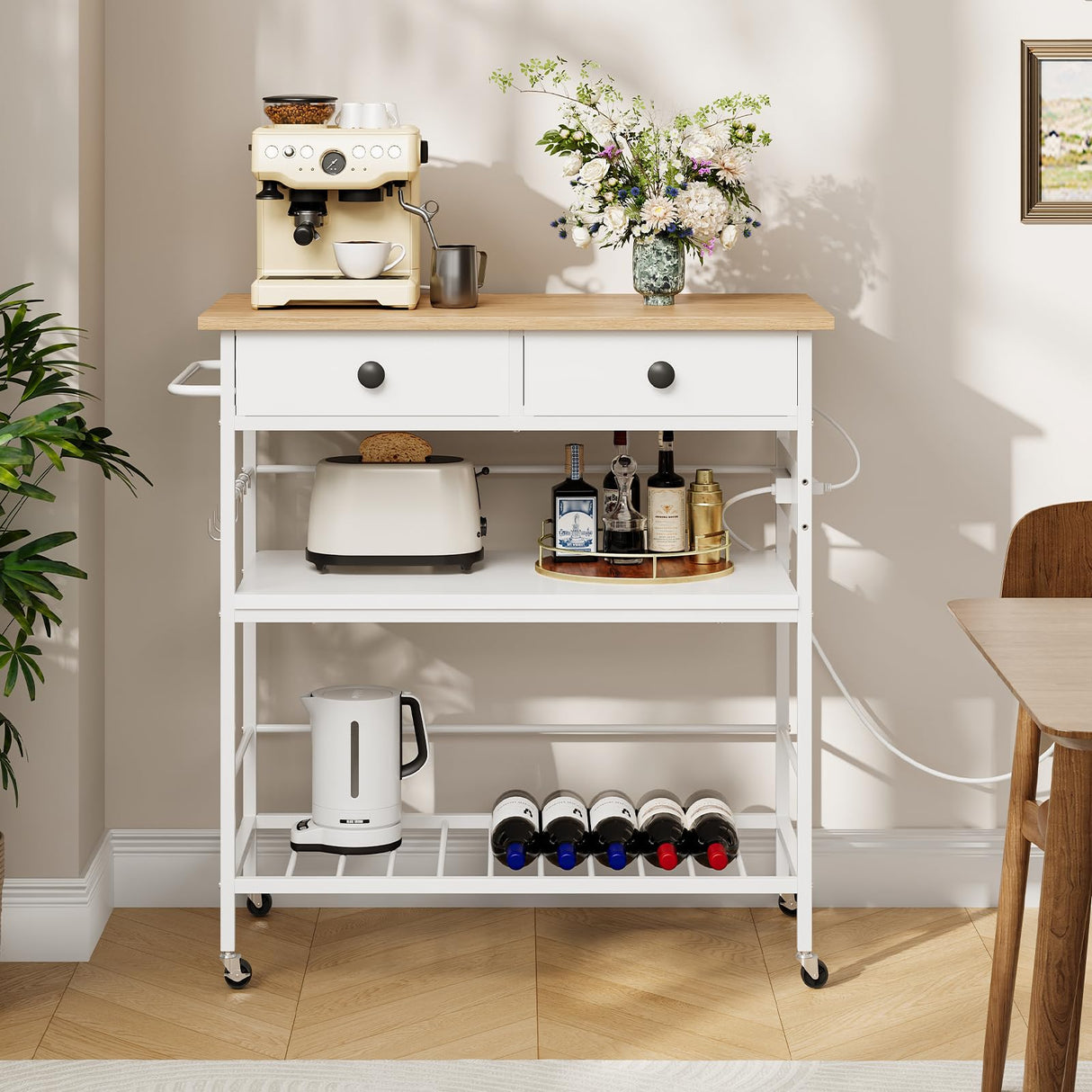 HOOBRO Kitchen Island with Storage, Rolling Island Cart for Kitchen with 2 Drawers & Outlet, 3 Tier Coffee Station and Microwave Stand, Kitchen Island Table for Home, Natural and White WN08UZD01 HOOBRO