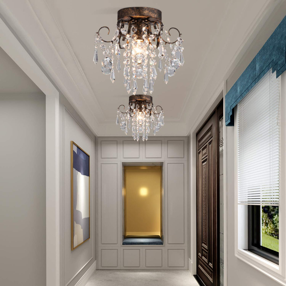 Q&S Small Crystal Ceiling Light Fixture Flush Mount,Black Ceiling Lights Modern Chandelier,Bedroom Hallway Closet Light Fixture Ceiling,Dia9.5 1 Light. Q&S