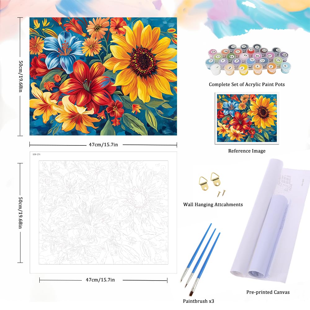 Natuyalo Paint by Numbers for Adults - DIY Adult Paint by Number Kits Painting on Canvas Sunflower Painting by Numbers for Beginners, Flowers Art Craft Kits for Adults (16x20 Inch) Natuyalo