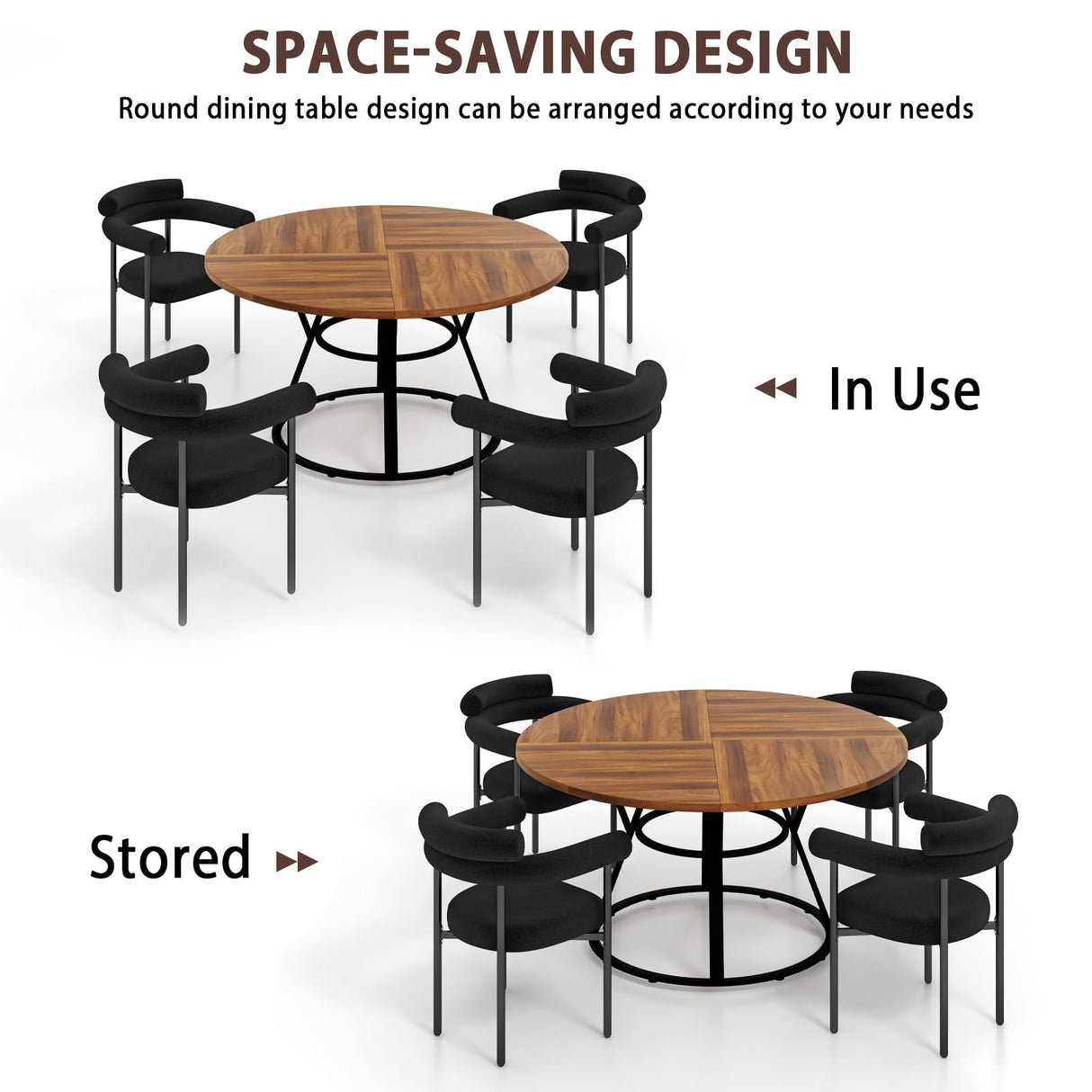 STHOUYN 47” Round Dining Table Set for 4, Small Round Kitchen Table with 4 Boucle Dinner Chairs, Modern Circle 5 Piece Dining Table with Steel Legs (Black) STHOUYN