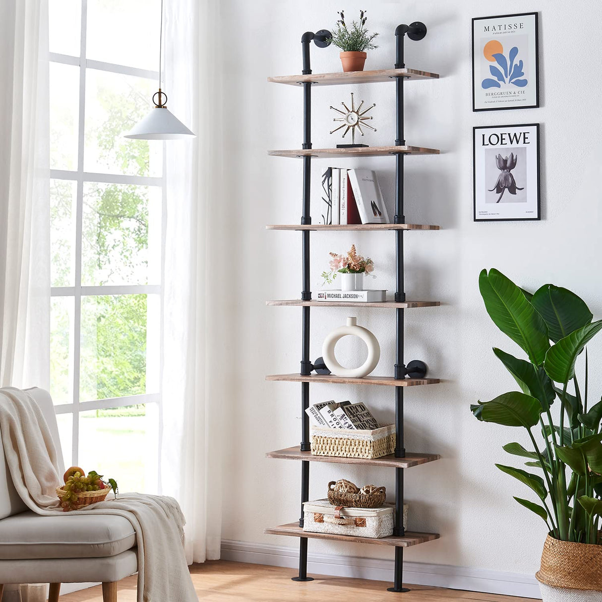 HOMBAZAAR Industrial Pipe Bookshelf,7 Tier Pipe Shelving,Wall Mounted Ladder Shelves with Metal Frame for Home Office,Living Room,Oak Brown HOMBAZAAR