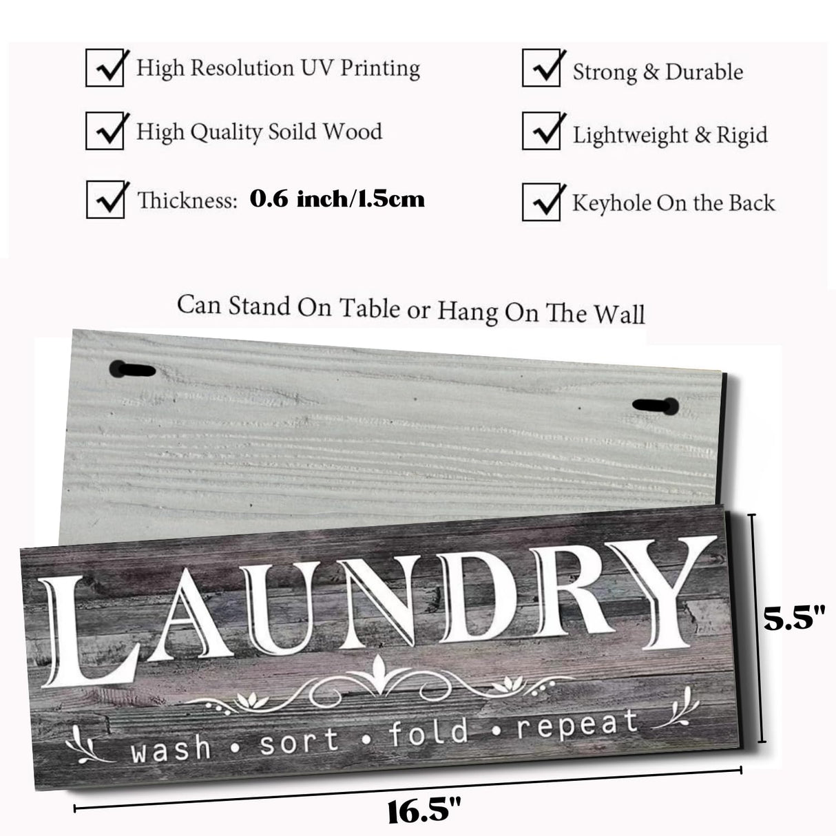 Laundry Sign, Solid Wood Laundry Room Decor, Rustic Signs Wall Hanging for Home Farmhouse Wall Decorations, 5.5 x 16.5 inch COLOR VALLEY ART