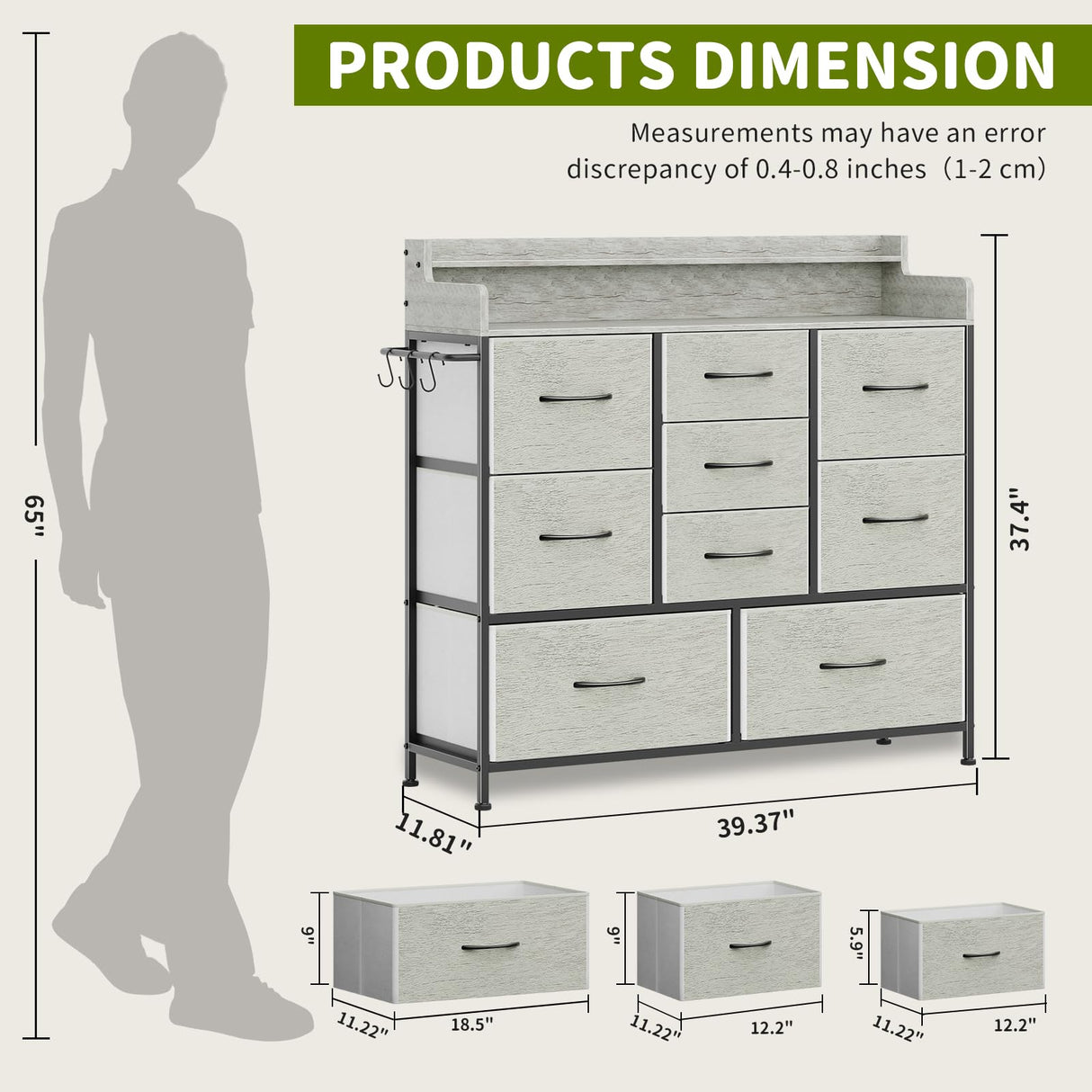 ErgoDesign 9 Drawers Dresser with Hooks, Dressers for Bedroom, Living Room, Hallway, Nursery (Greige) ErgoDesign